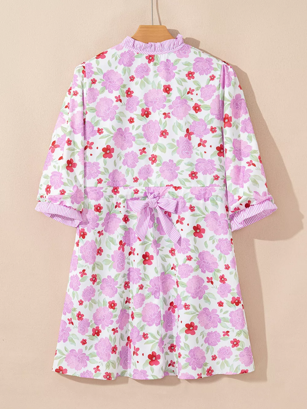 Floral Print Striped Trim Frilled Neck 3/4 Sleeve Flared Mini Dress, image 2