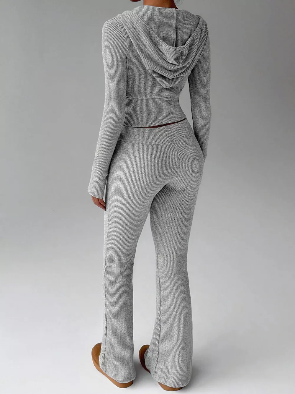 Ribbed Knit Zip-Up Hooded Top and Flared Pants Set, image 6