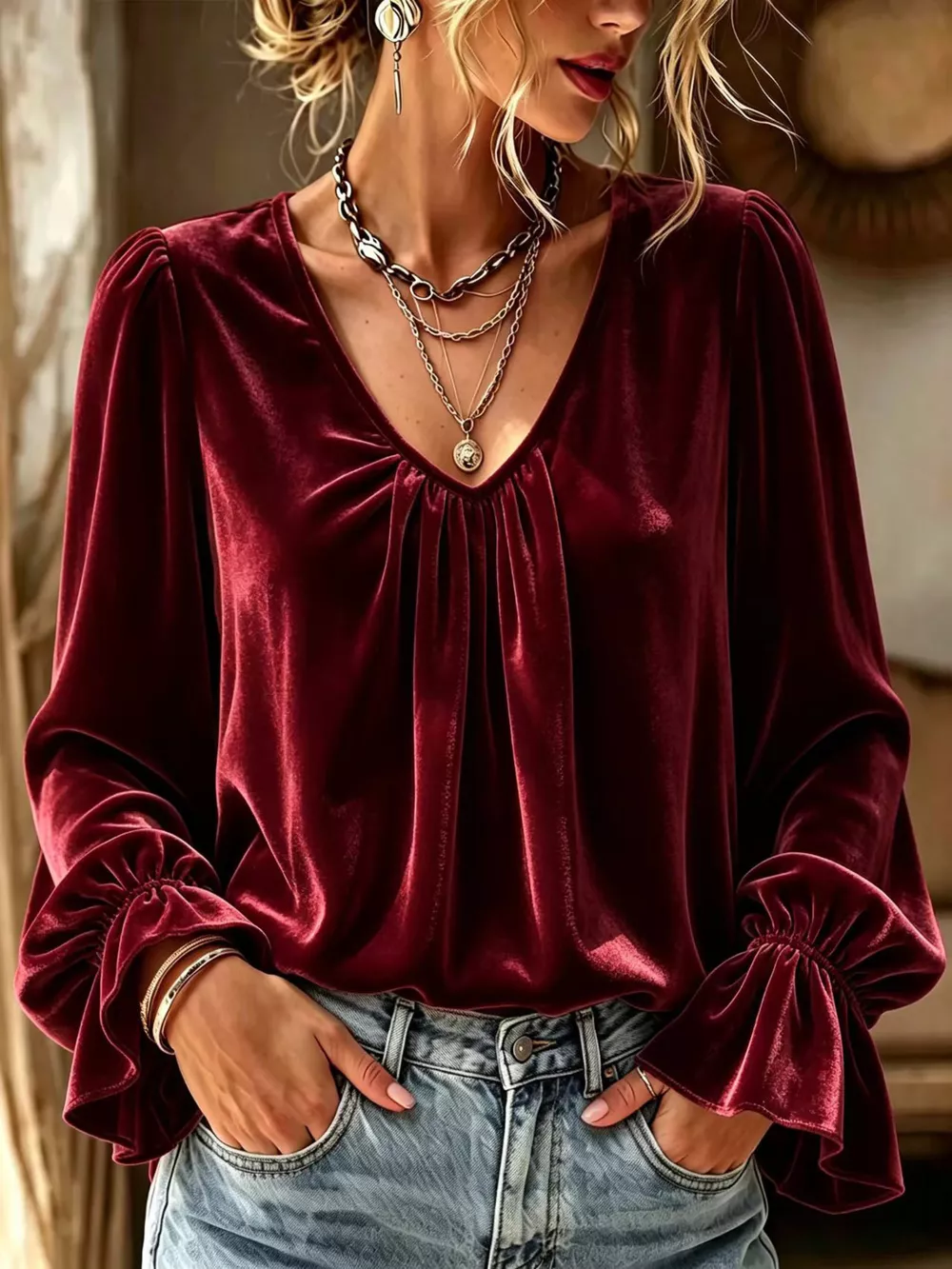 Full Size Ruched V-Neck Flounce Sleeve Blouse Plus Size, image 10