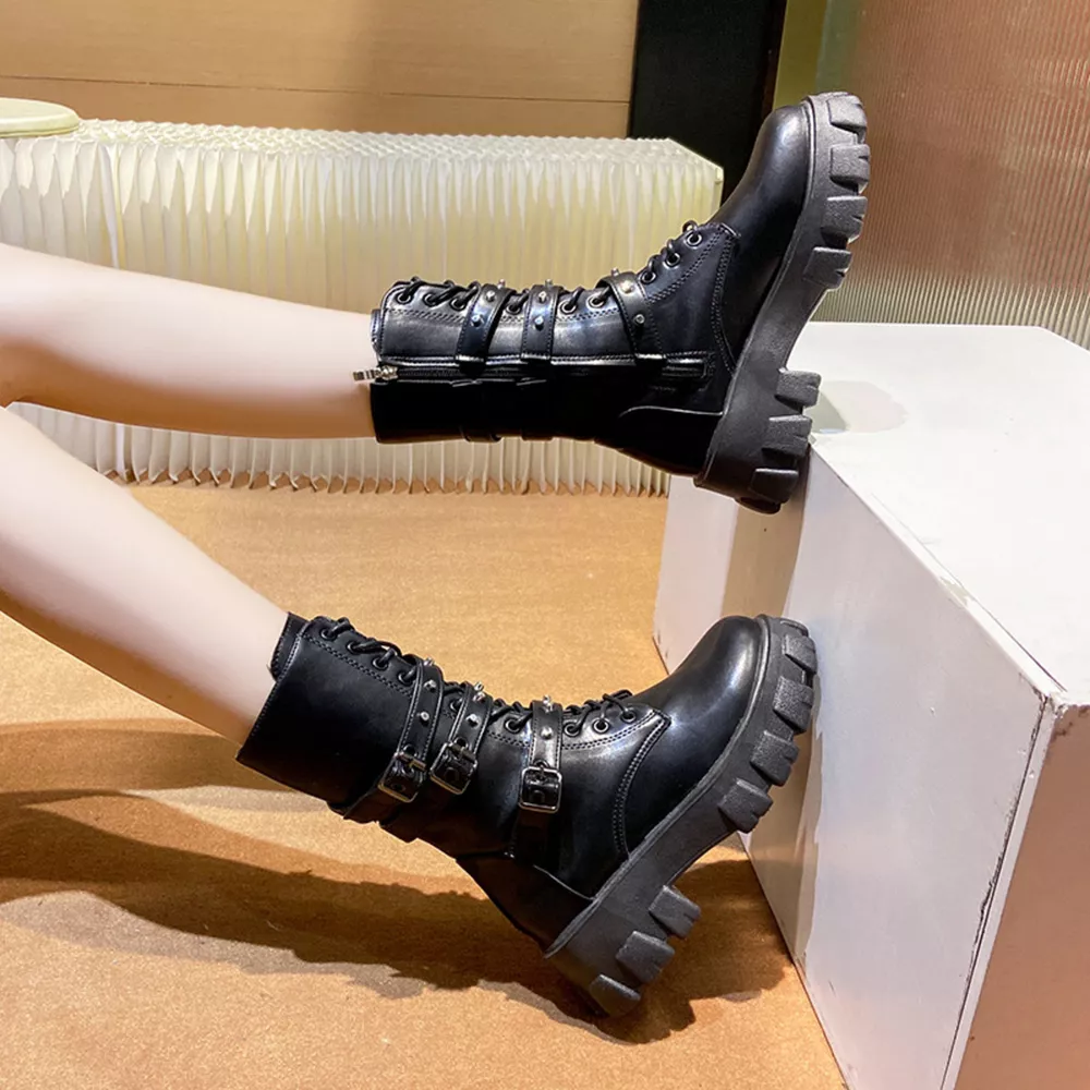 Buckled Lace-Up Combat Boots, image 2