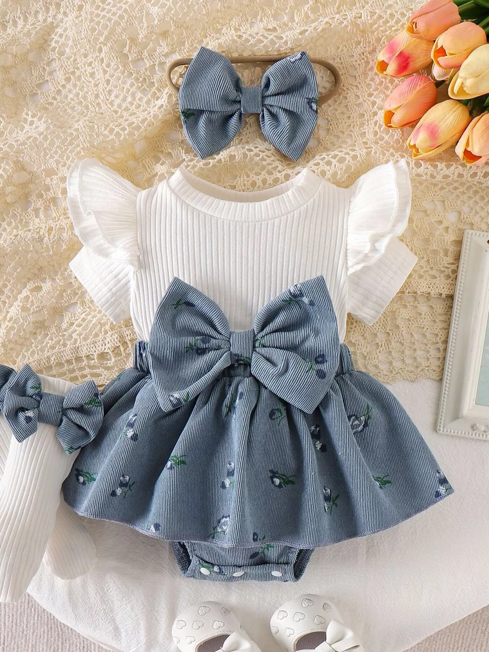 Children's Bow Ribbed Knit Dress & Headband & Socks Set, image 7