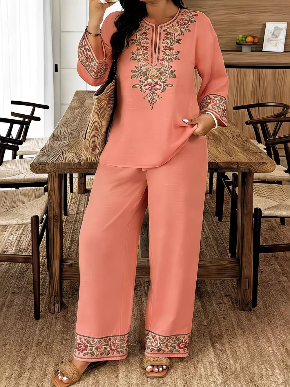 Full Size Embroidered Long Sleeve Top and Pants Set Plus Size, image 7