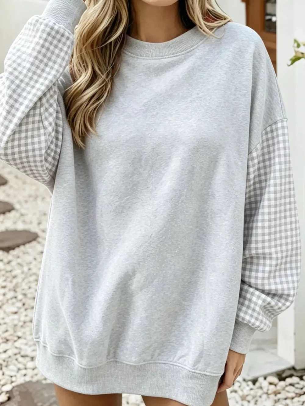 Christmas-Themed Contrast Gingham Long Sleeve Sweatshirt, image 9