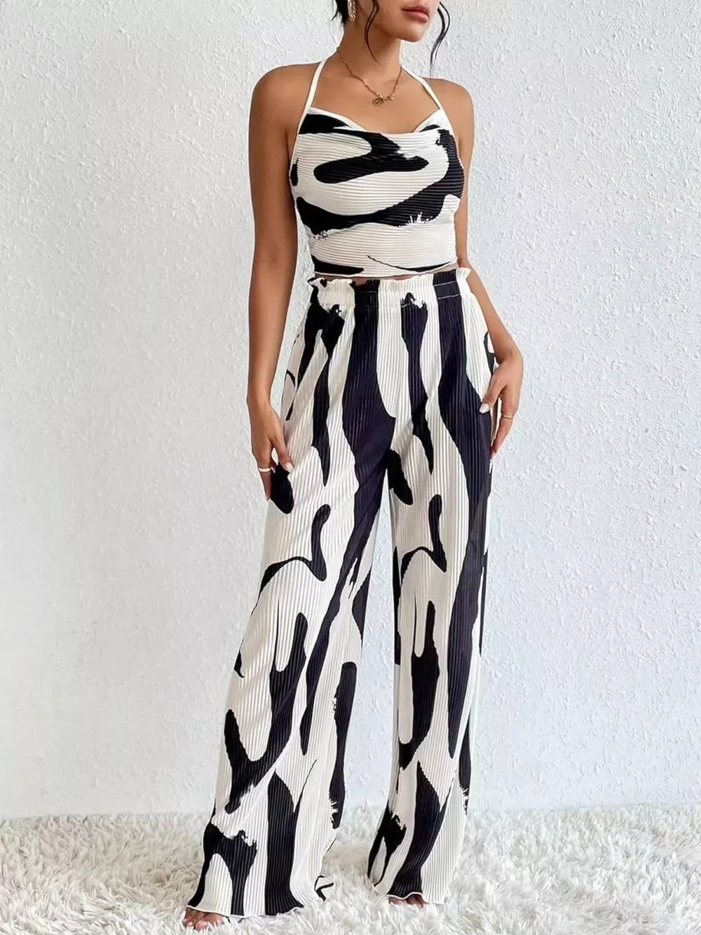Abstract Print Halter Neck Crop Top and Wide Leg Pants Set, image 2