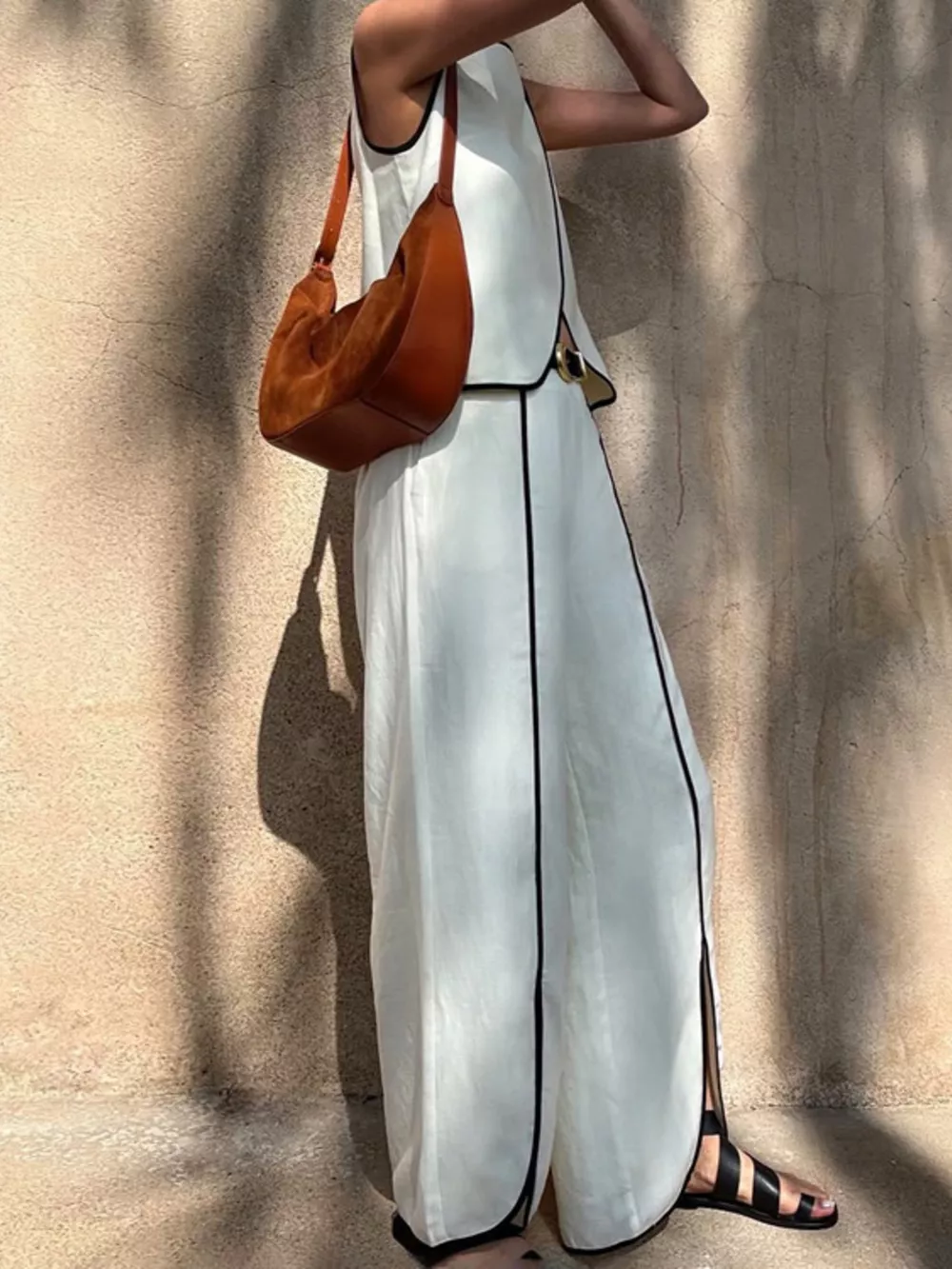 Contrast Trim Sleeveless Top and Wide-Leg Pants Set, image 2
