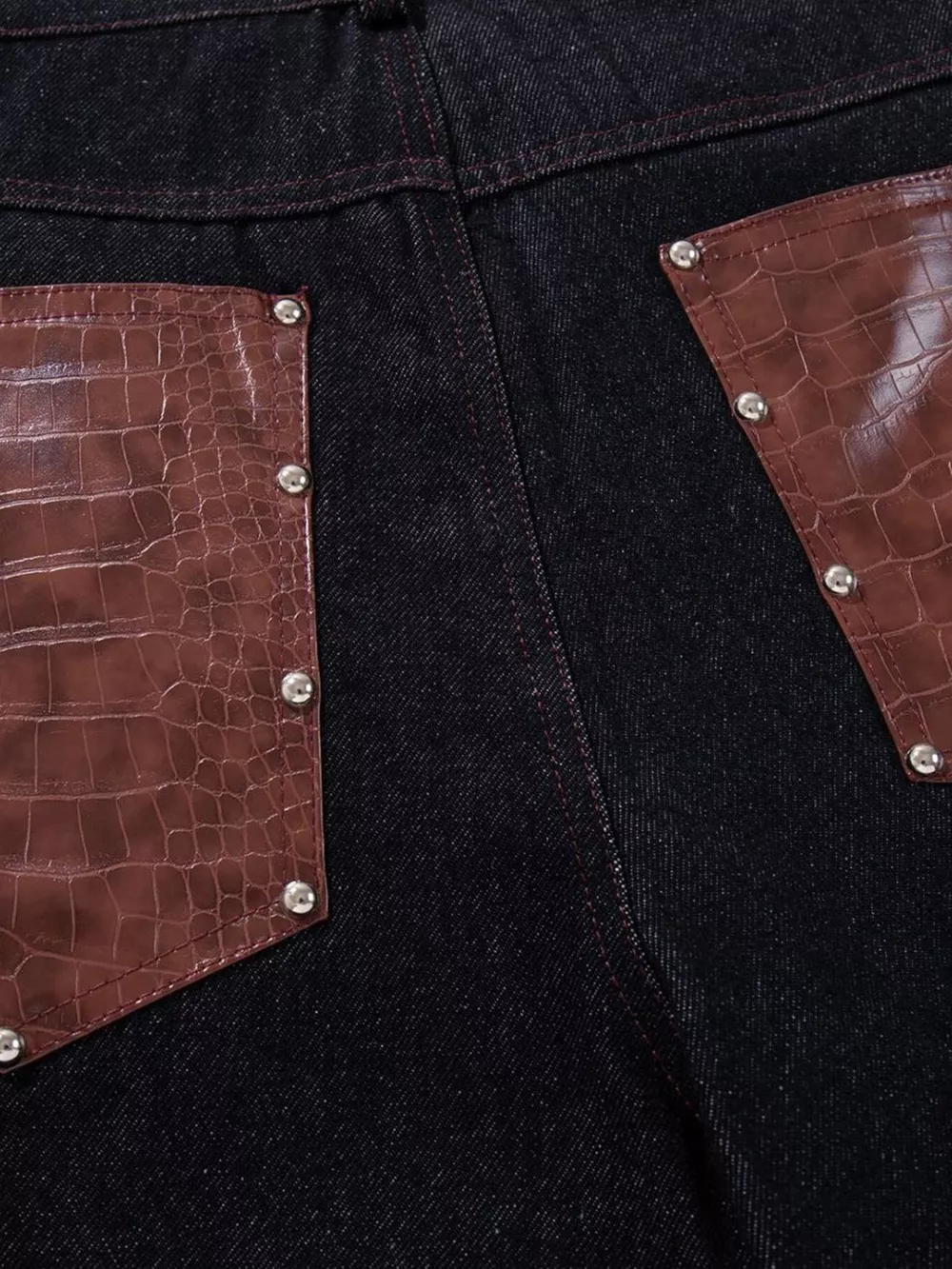 Men's Contrast Faux Leather Paneling Button Fly Jeans, image 4