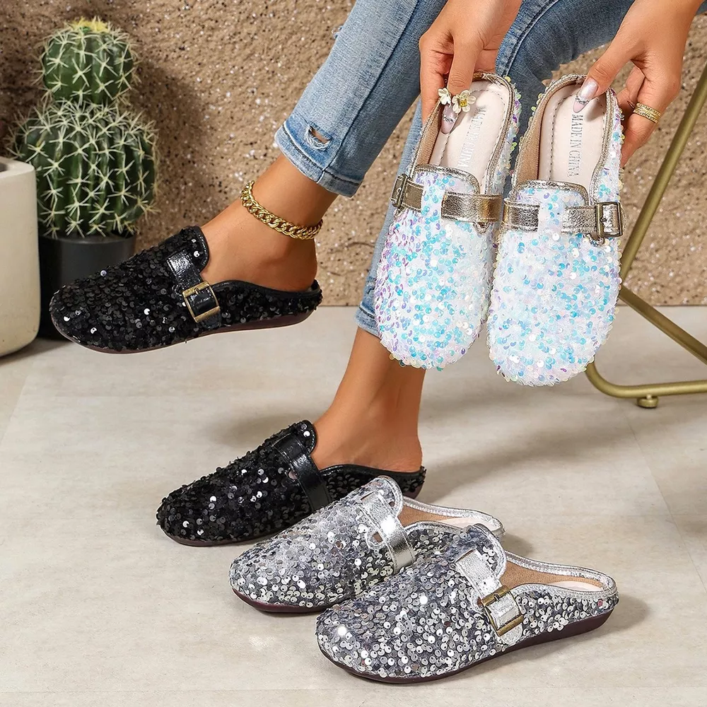 Sparkling Sequin Buckle Slip-On Loafers, image 2