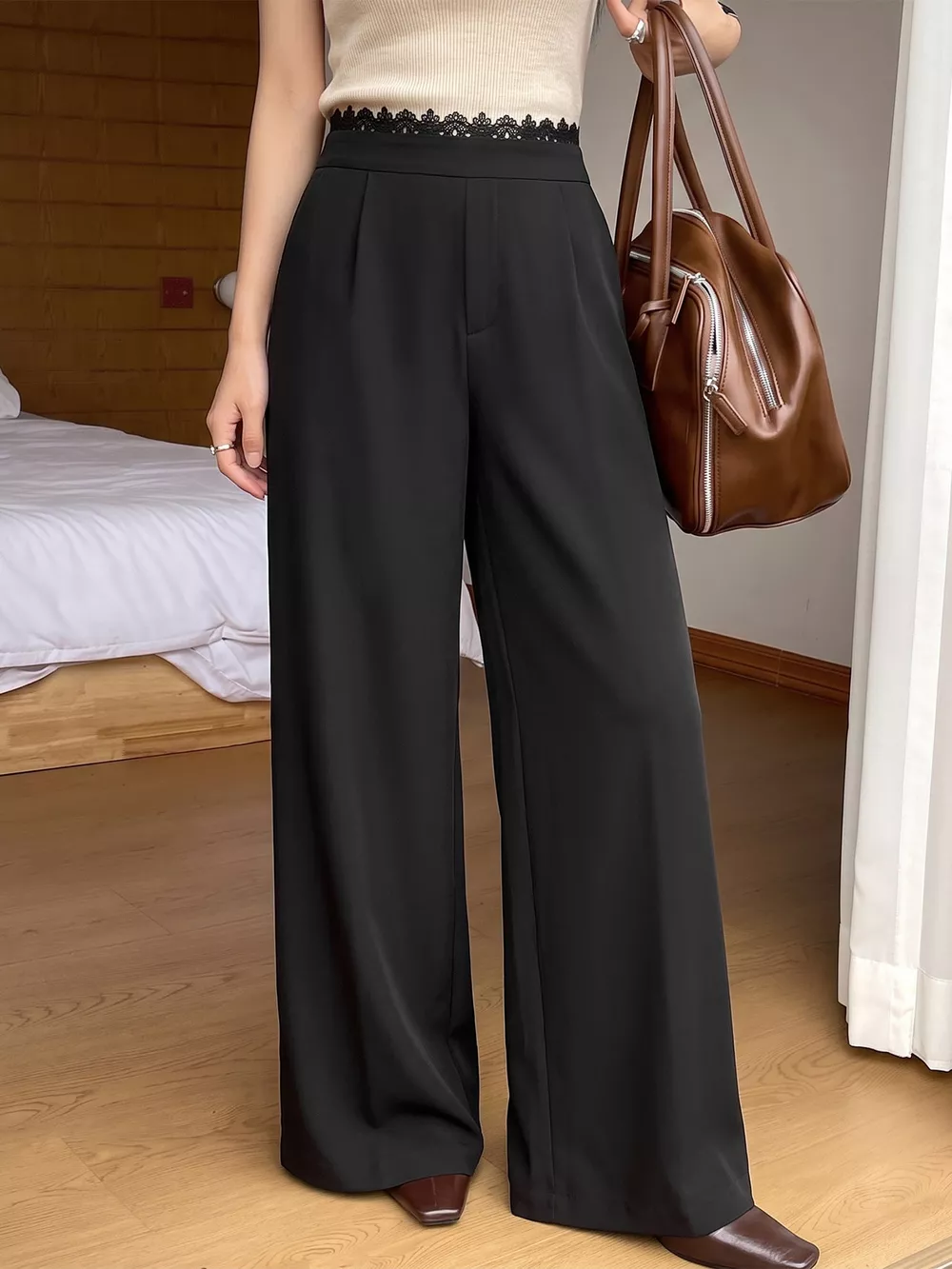 High-Waisted Wide-Leg Lace-Trimmed Pants, image 2