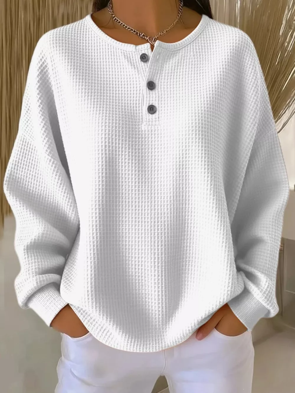 Full Size Waffle Knit Button Detail Top Plus Size, image 5