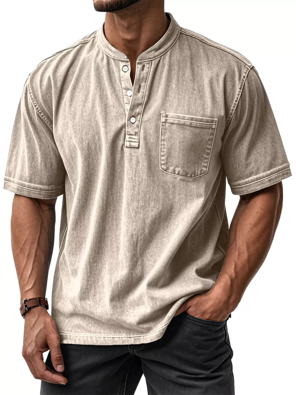 Men's Full Size Button Detail Short Sleeve Top Plus Size, image 2
