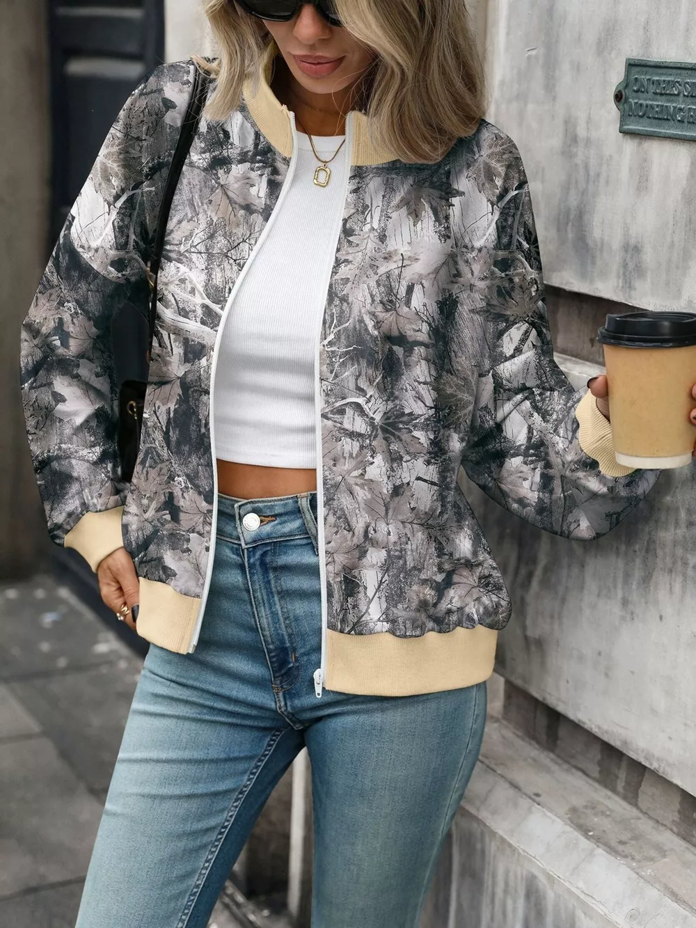 Printed Zip Up Long Sleeve Sweatshirt, image 7