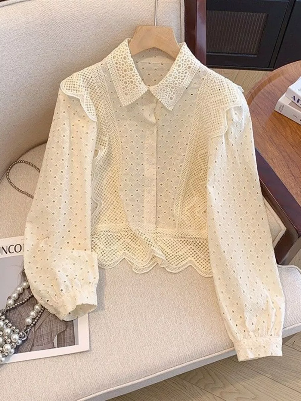 Eyelet Button-Up Shirt with Scalloped Hem