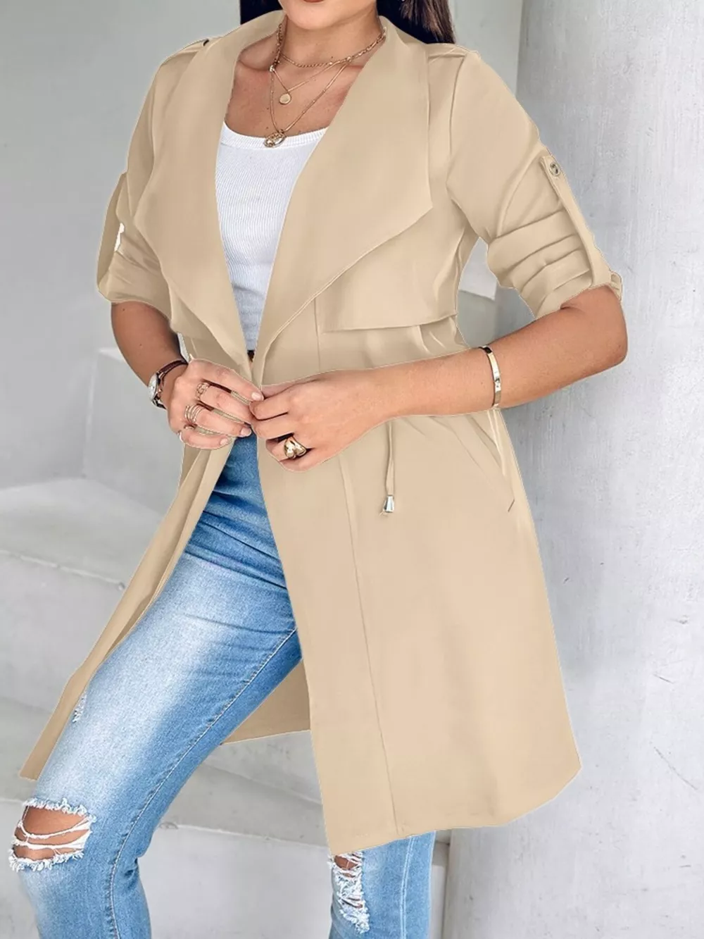 Drape Collar Lightweight Trench Coat, image 3