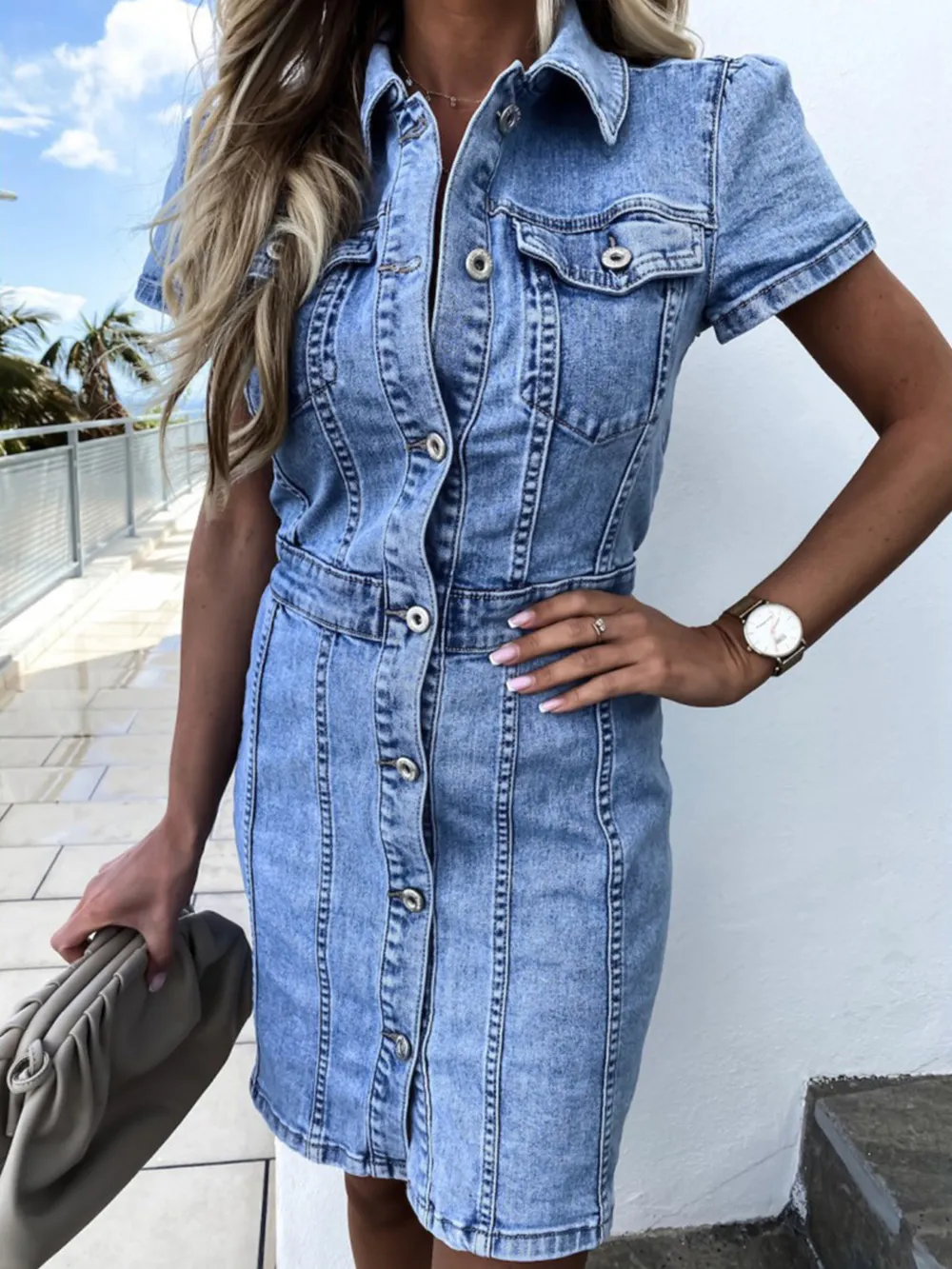 Button Front Short Sleeve Denim Dress