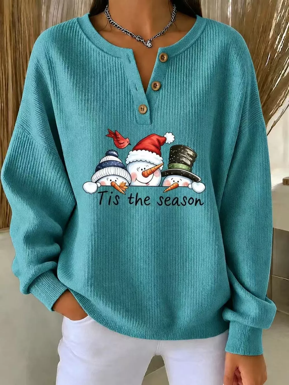Full Size Christmas Themed Snowman Graphic Ribbed Henley Sweatshirt Plus Size