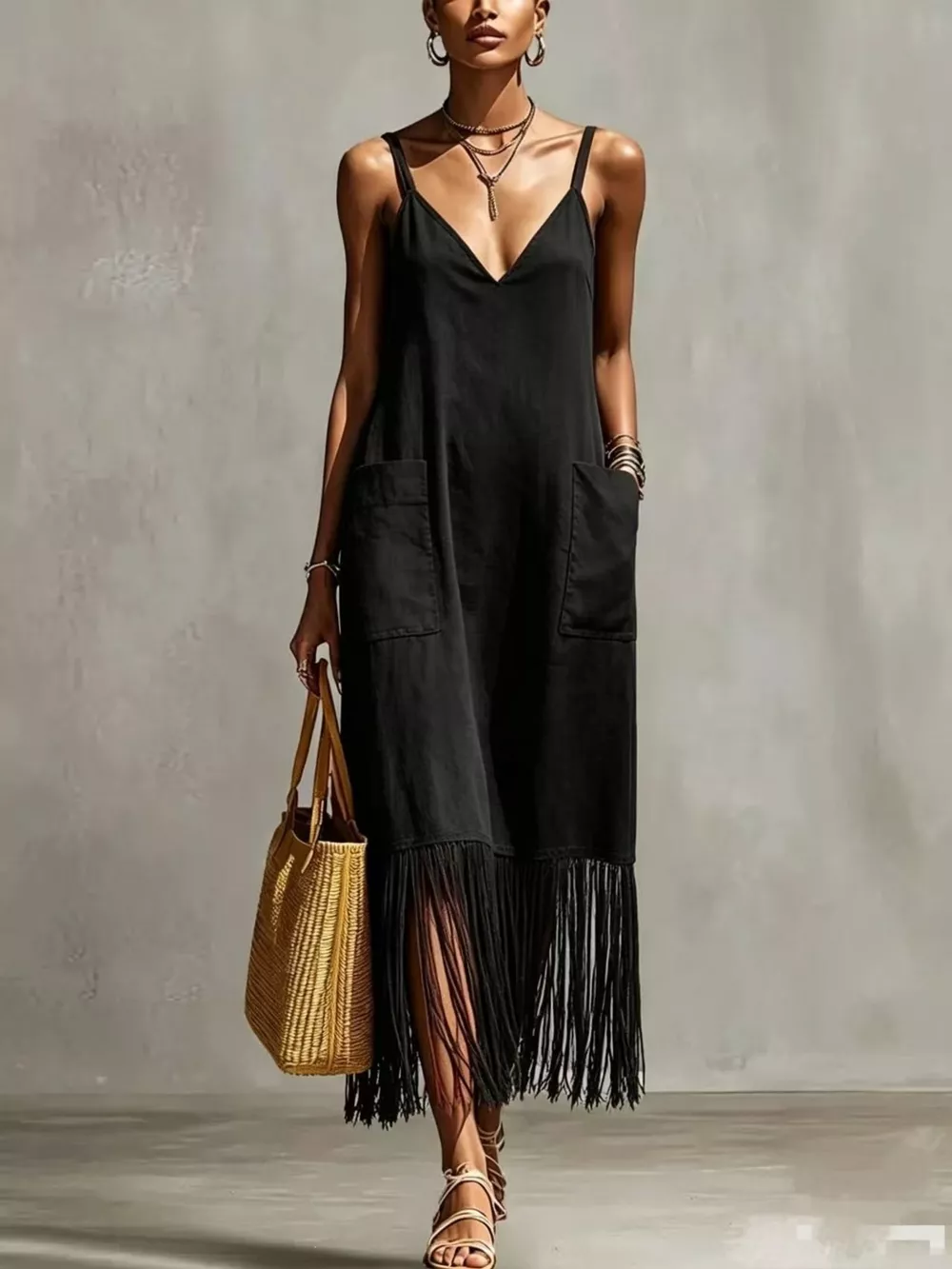 Full Size Fringe V-Neck Spaghetti Strap Dress Plus Size