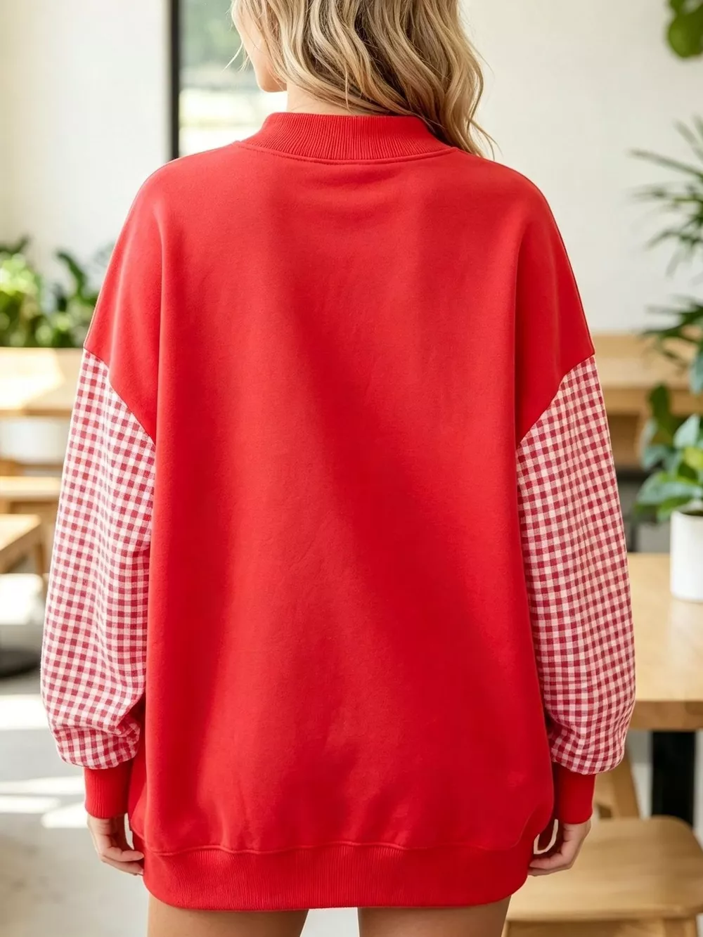 Gingham Sleeves Round Neck Sweatshirt, image 7