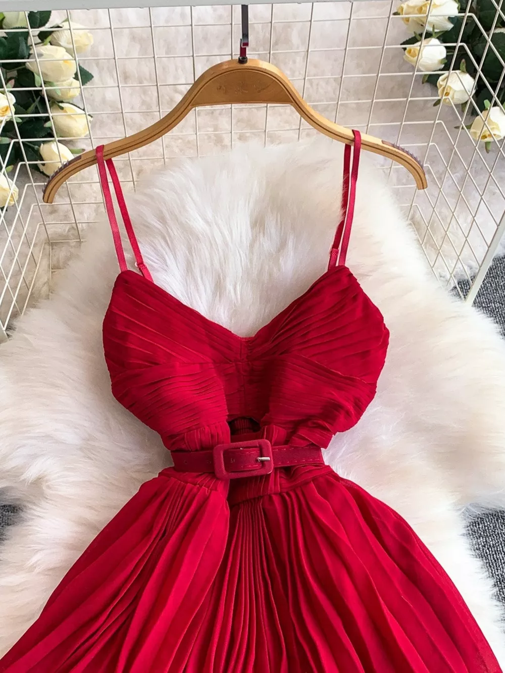 Pleated Layered Spaghetti Strap Midi Dress, image 20