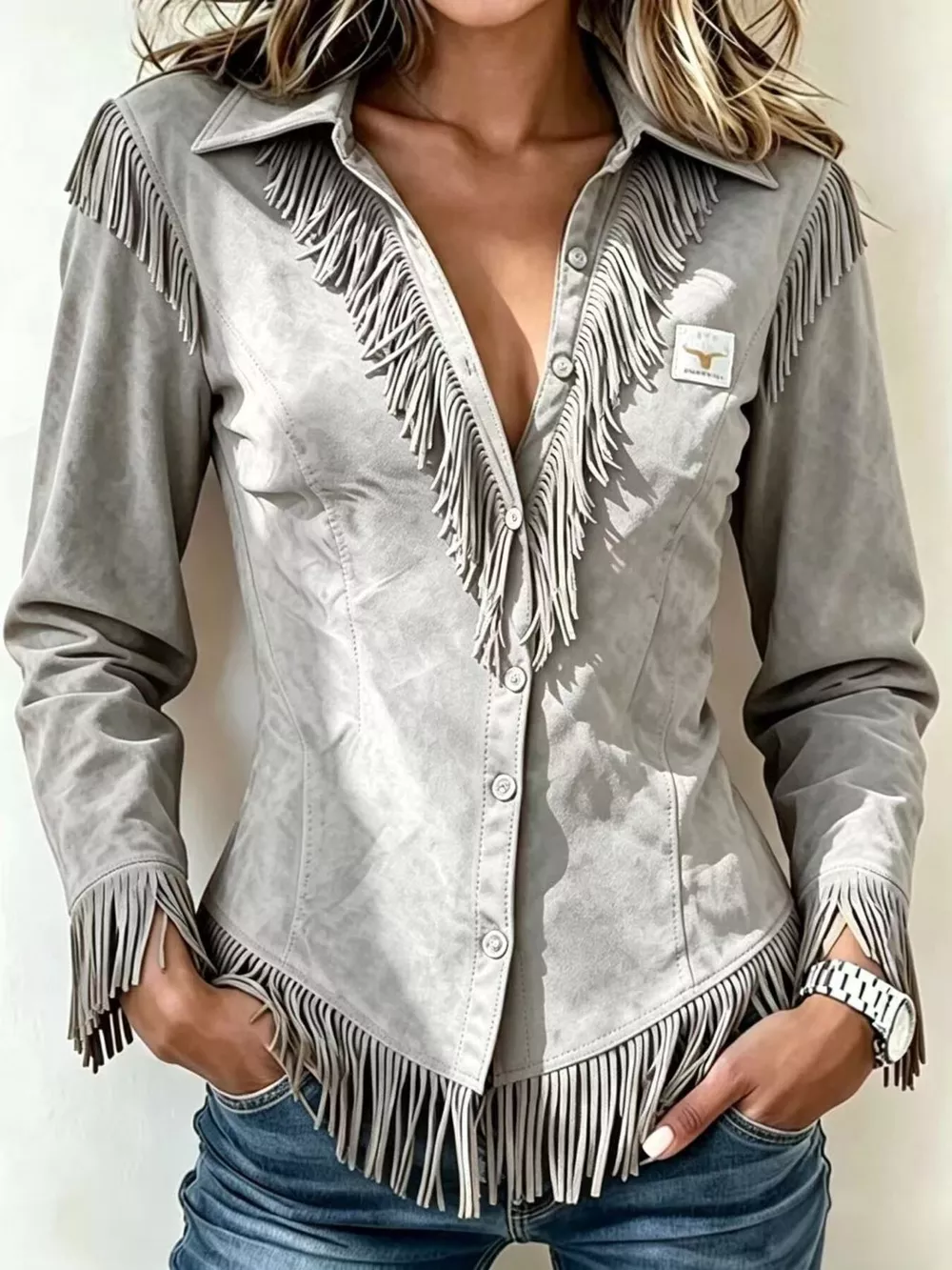 Full Size Fringed Collared Neck Shirt Plus Size, image 9