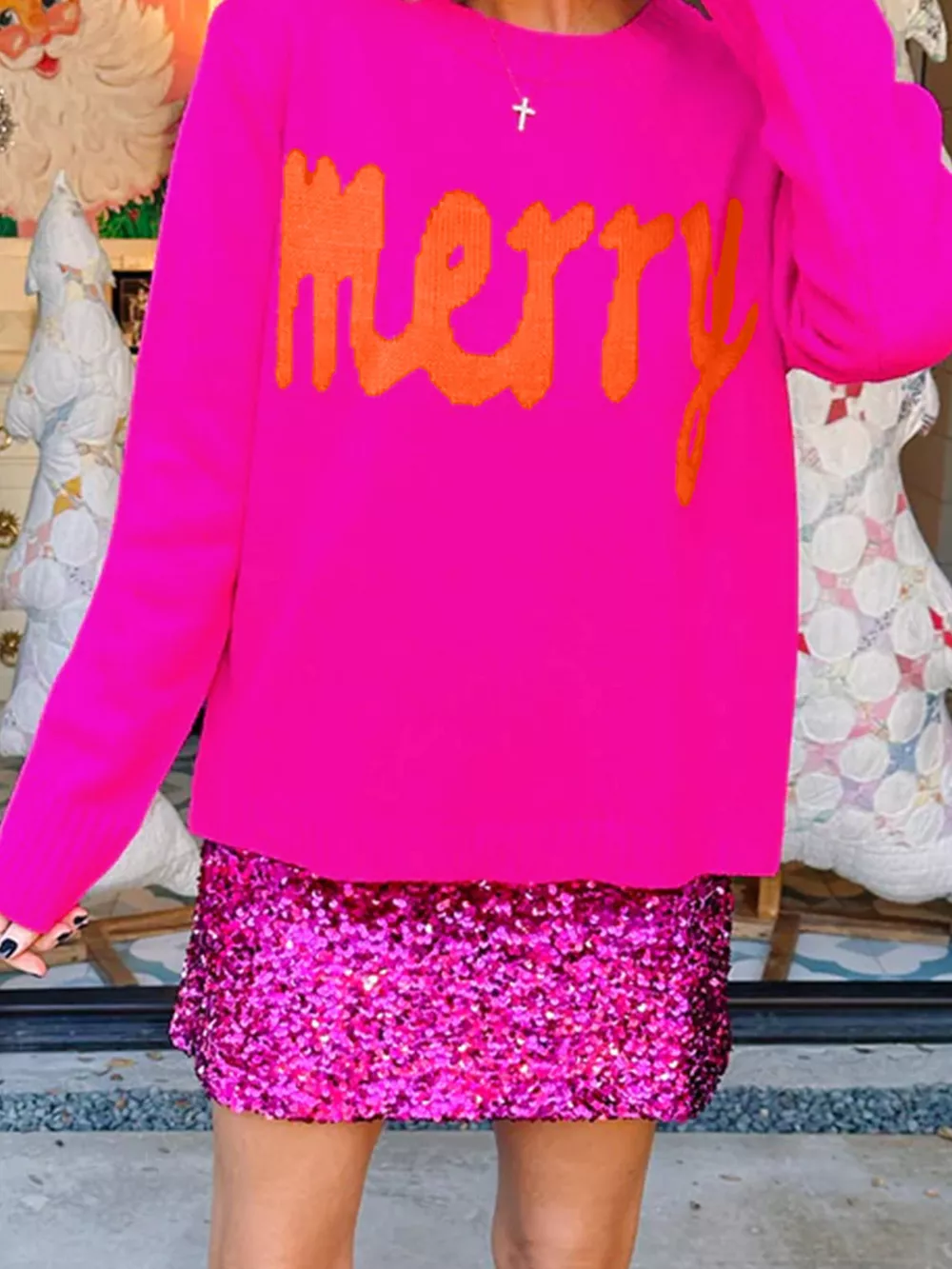 Merry Print Ribbed Trim Round Neck Loose Fit Sweater, image 3