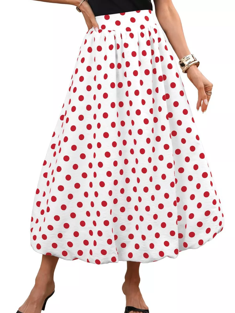 High-Waisted Polka Dot A-Line Midi Skirt, image 7