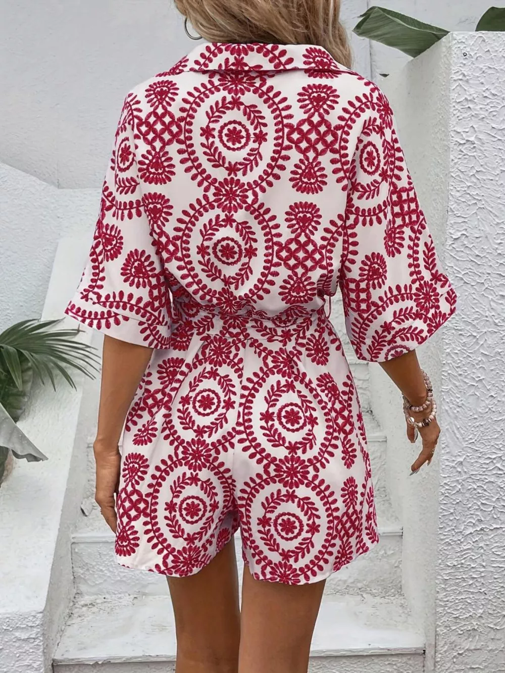 Printed Tie Waist Button Front Romper, image 14