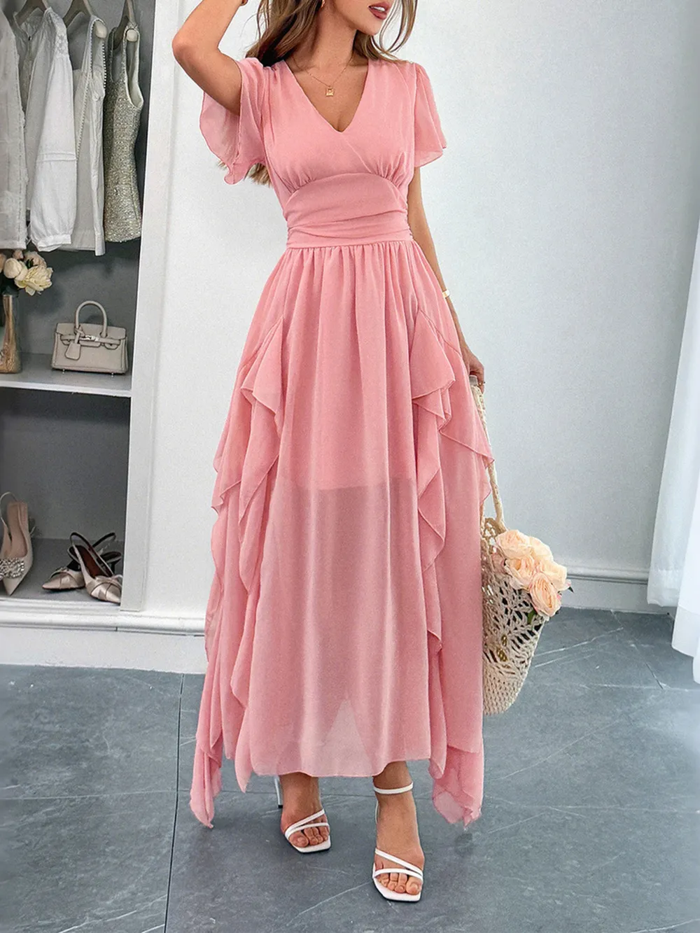V-Neck Flutter Sleeve Dress, image 2