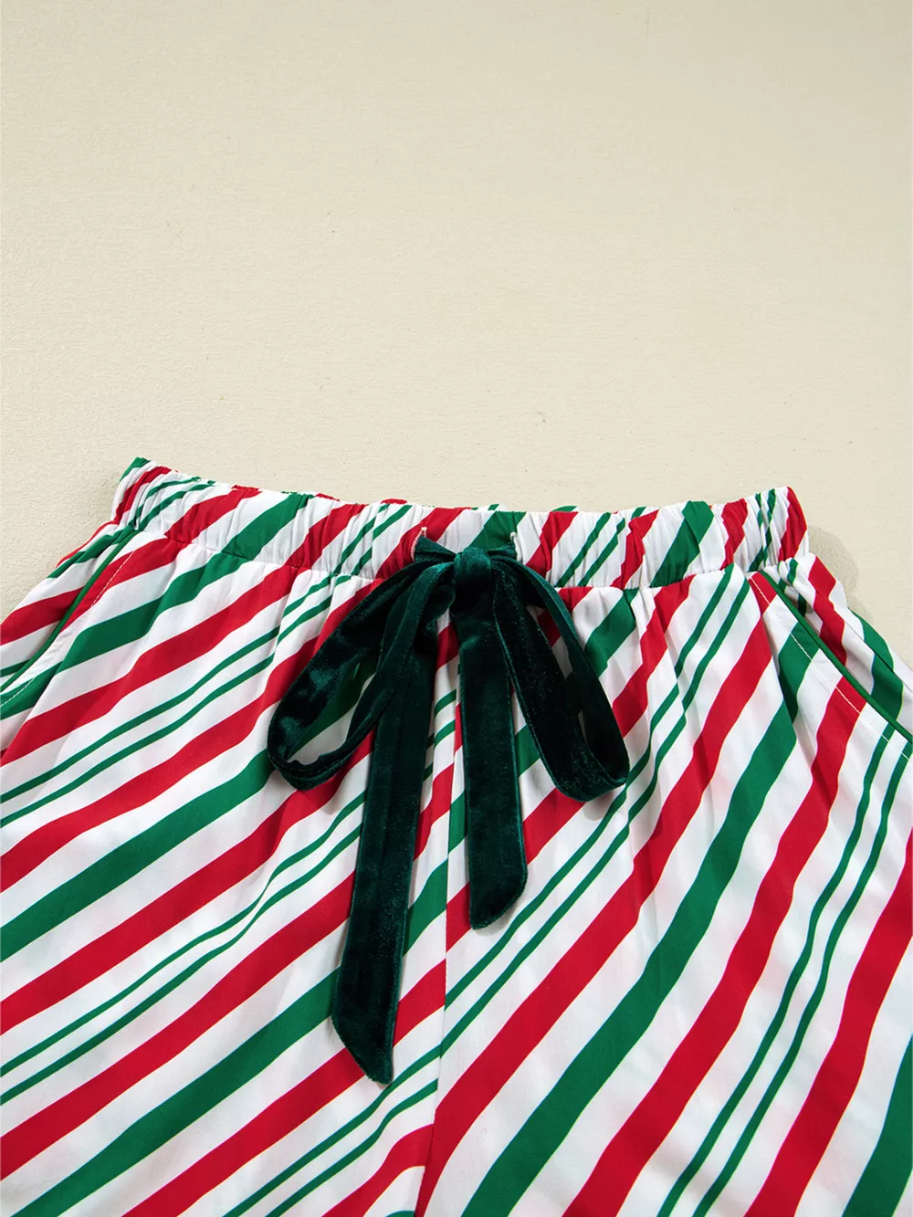 Stripe Contrast Velvet Ribbon Knot Christmas 2pcs Pajama Set, image 8