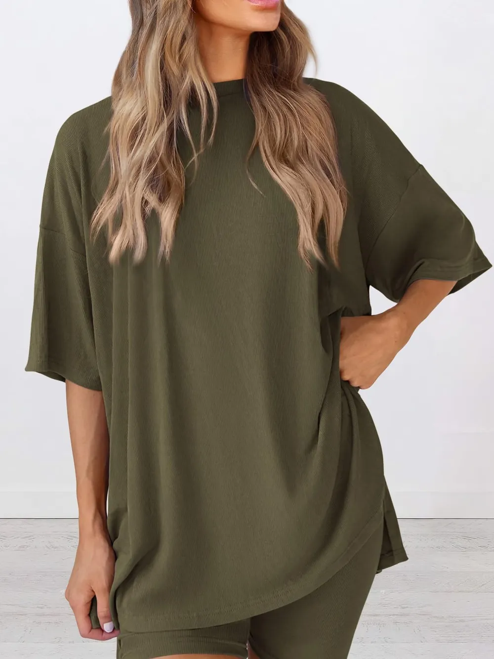 Full Size Oversized Slit Round Neck Top and Shorts Lounge Set Plus Size, image 2