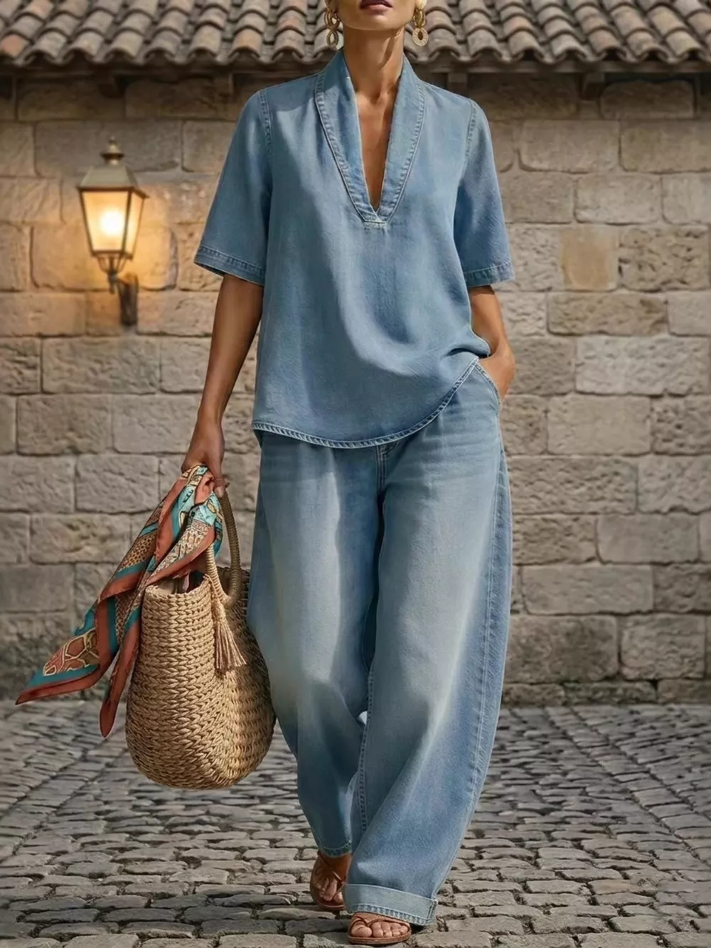 Full Size Half Sleeve Top and Wide Leg Pants Set Plus Size, image 2