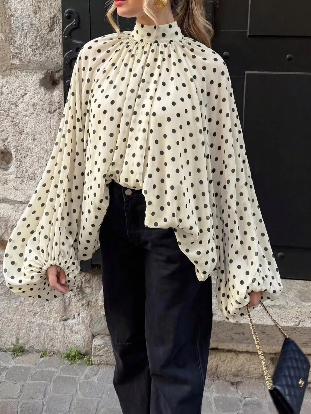 Polka Dot Balloon Sleeve Blouse, image 3