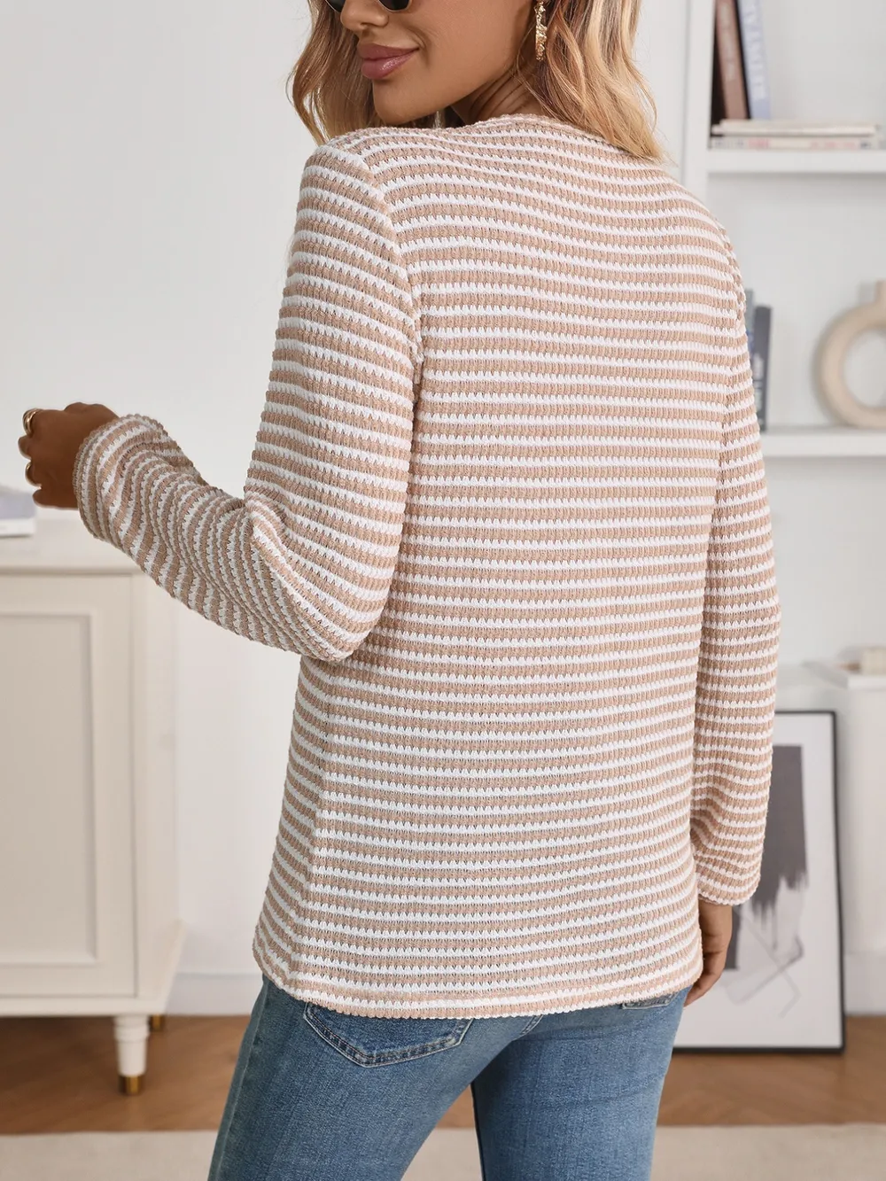 Striped Button Detail Long Sleeve Top, image 17