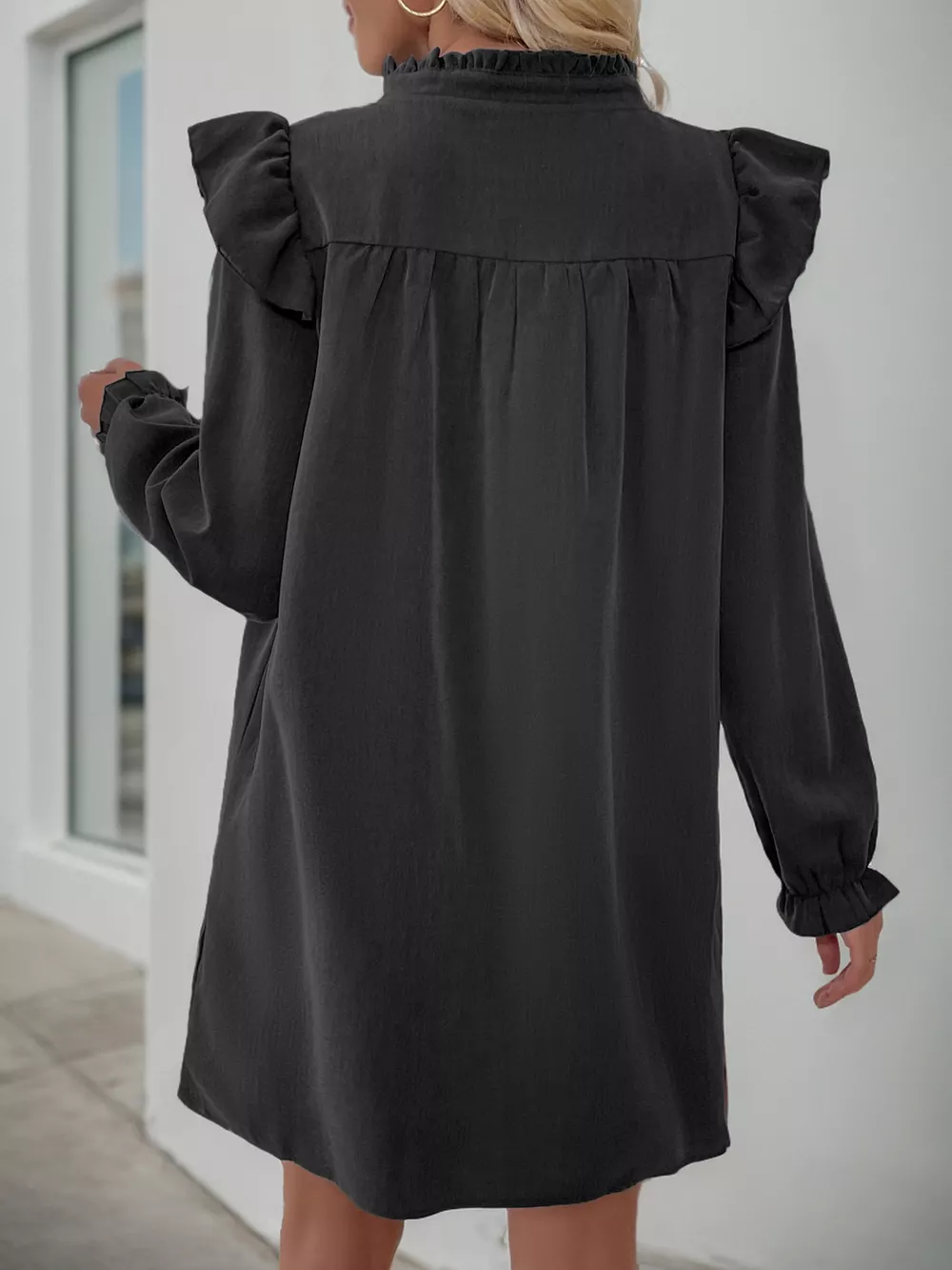 Ruffled Notched Long Sleeve Dress, image 16