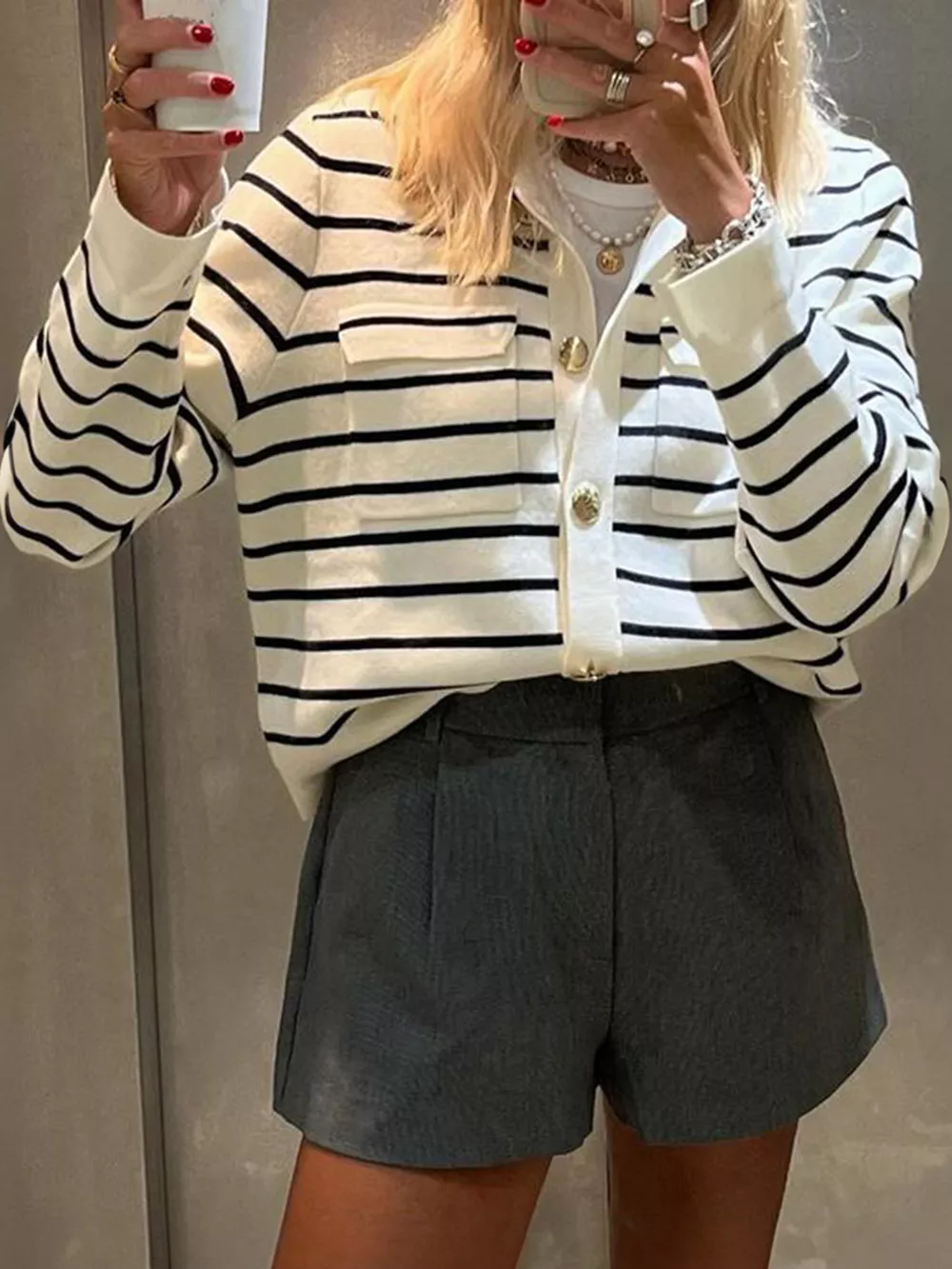 Striped Button-Down Knit Cardigan, image 2