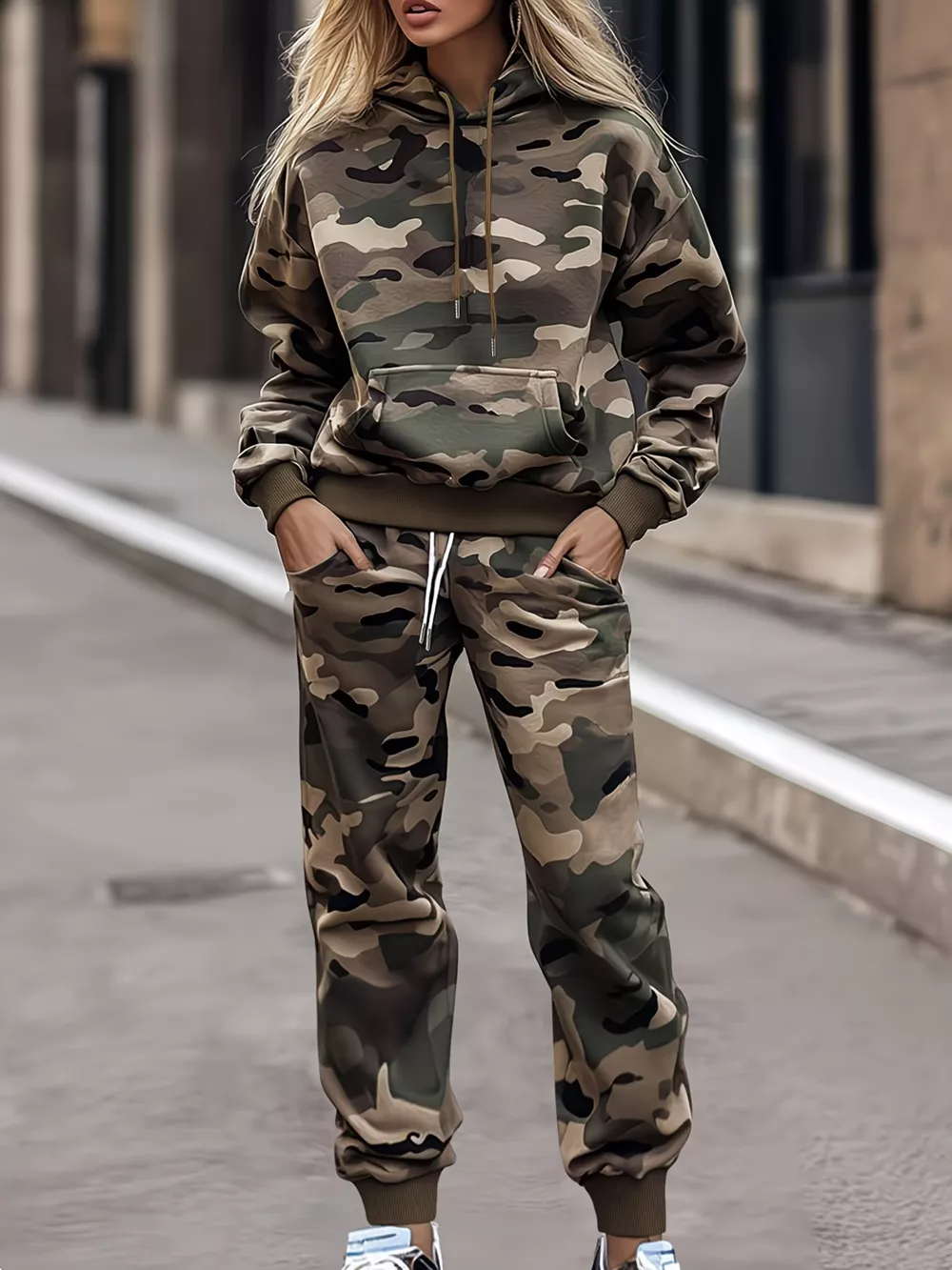 Camouflage Print Hoodie and Joggers Two-Piece Set