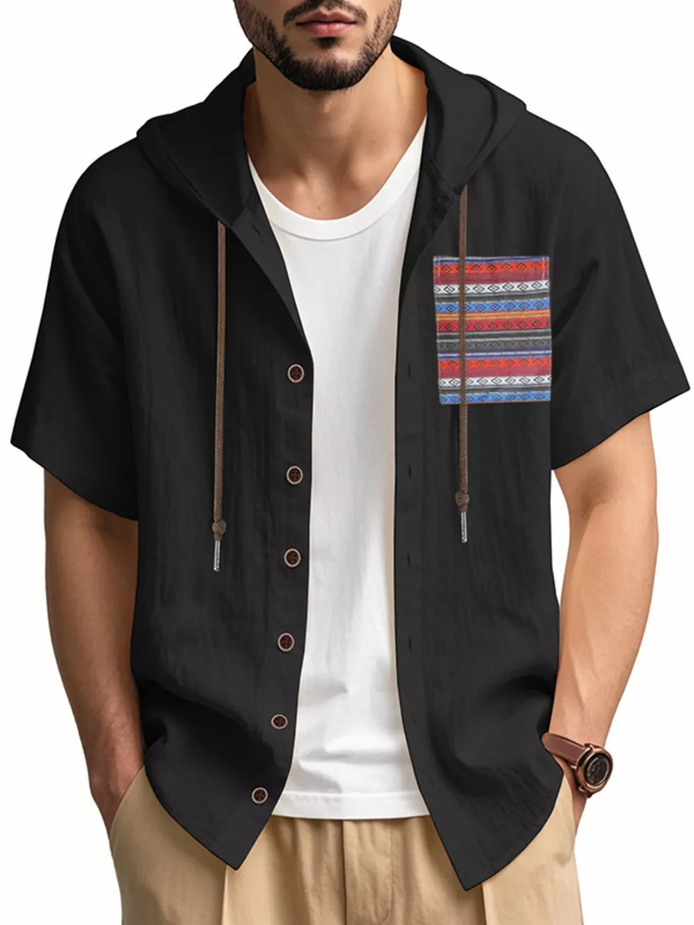 Men's Full Size Casual Hooded Short Sleeve Shirt Plus Size, image 2