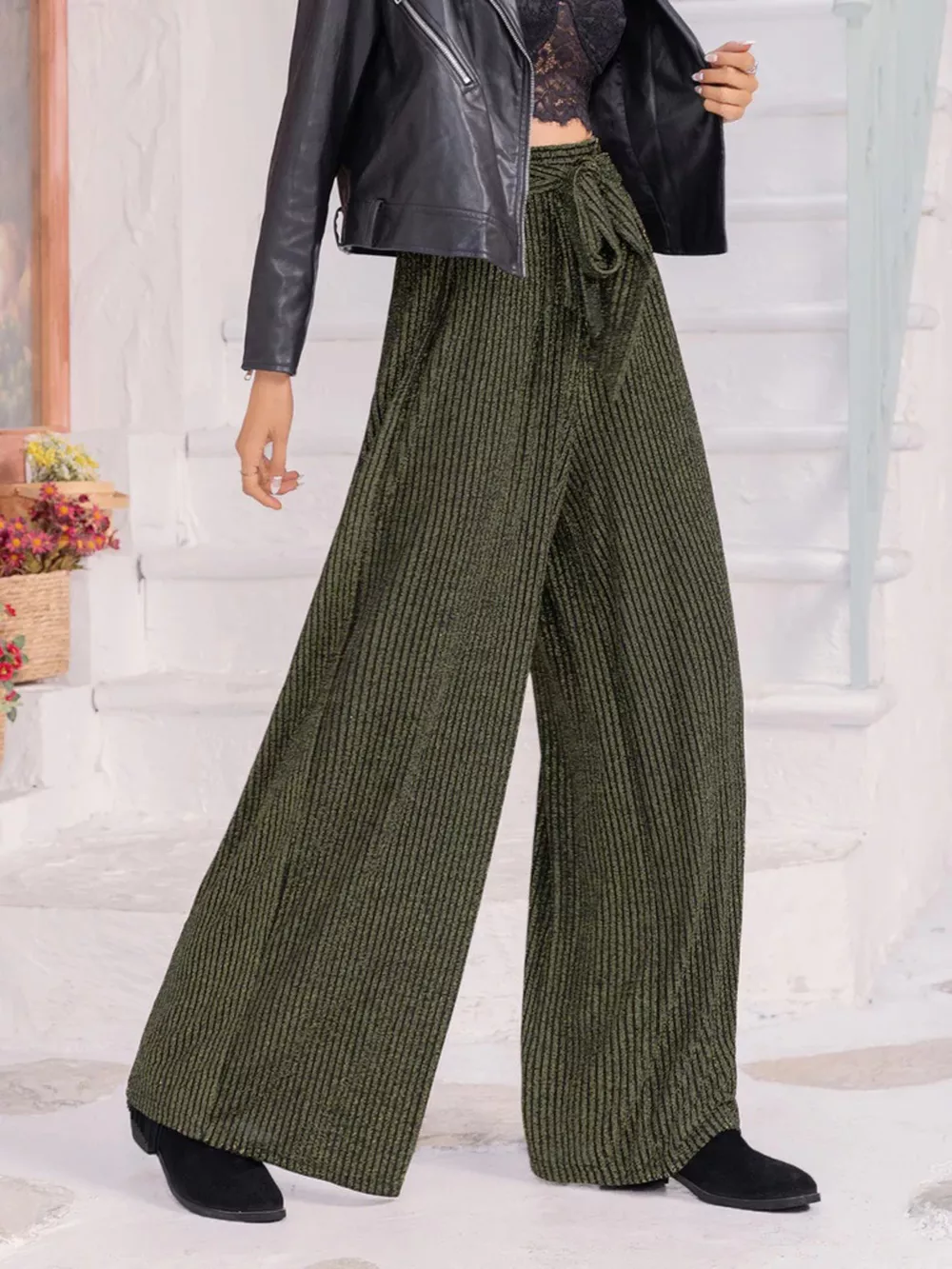 Striped High Waist Tie Wide Leg Pants, image 4