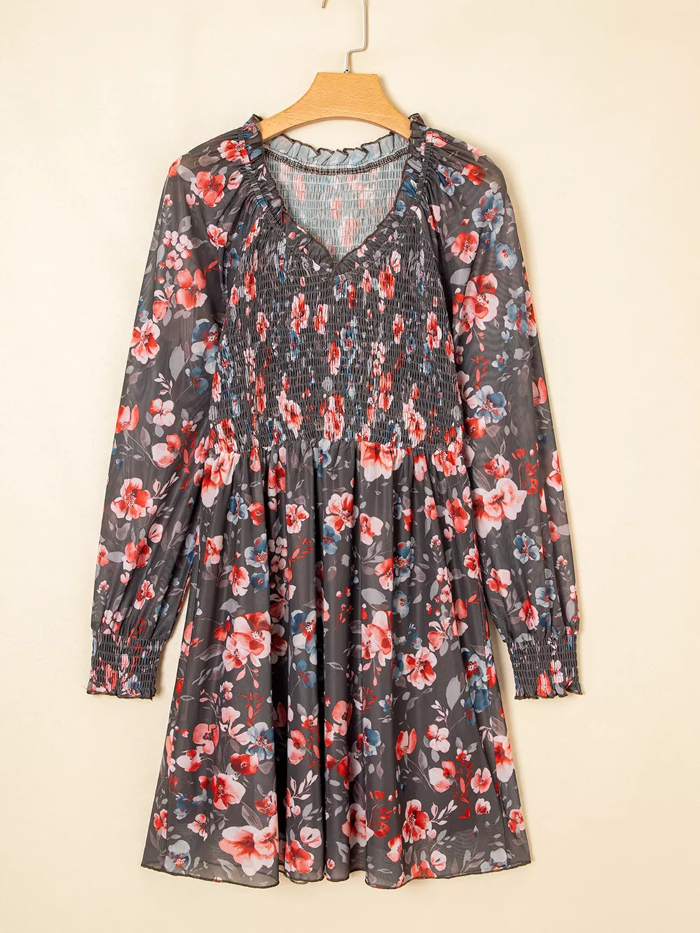 Frilly Smocked Bodice Floral Mesh Long Sleeve Mini Dress, image 4