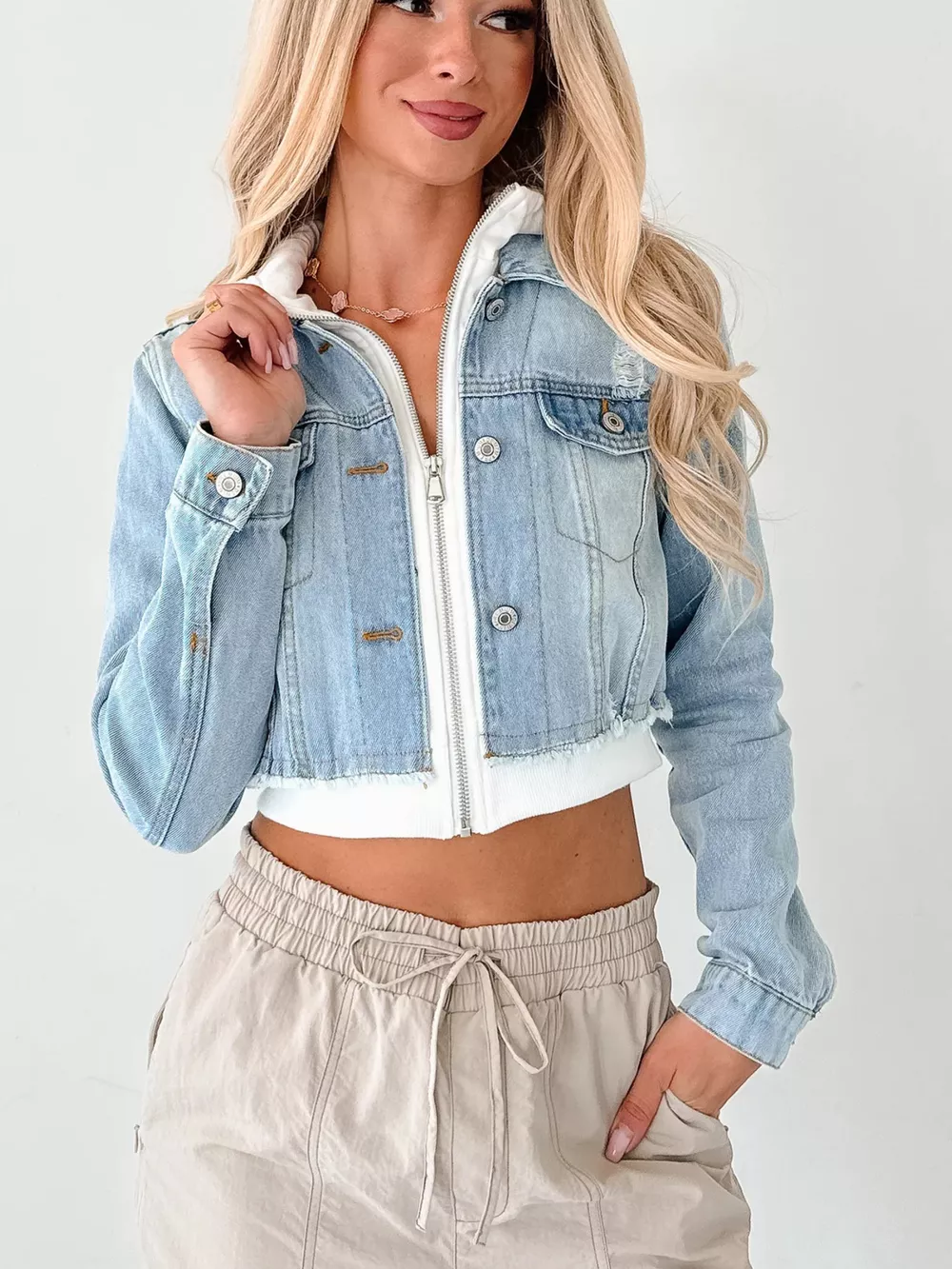 Distressed Zip Up Cropped Hooded Denim Jacket, image 3