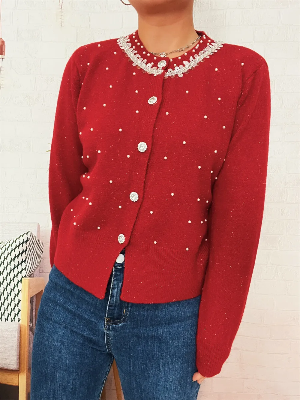 Pearl Detail Button-Front Cardigan, image 5