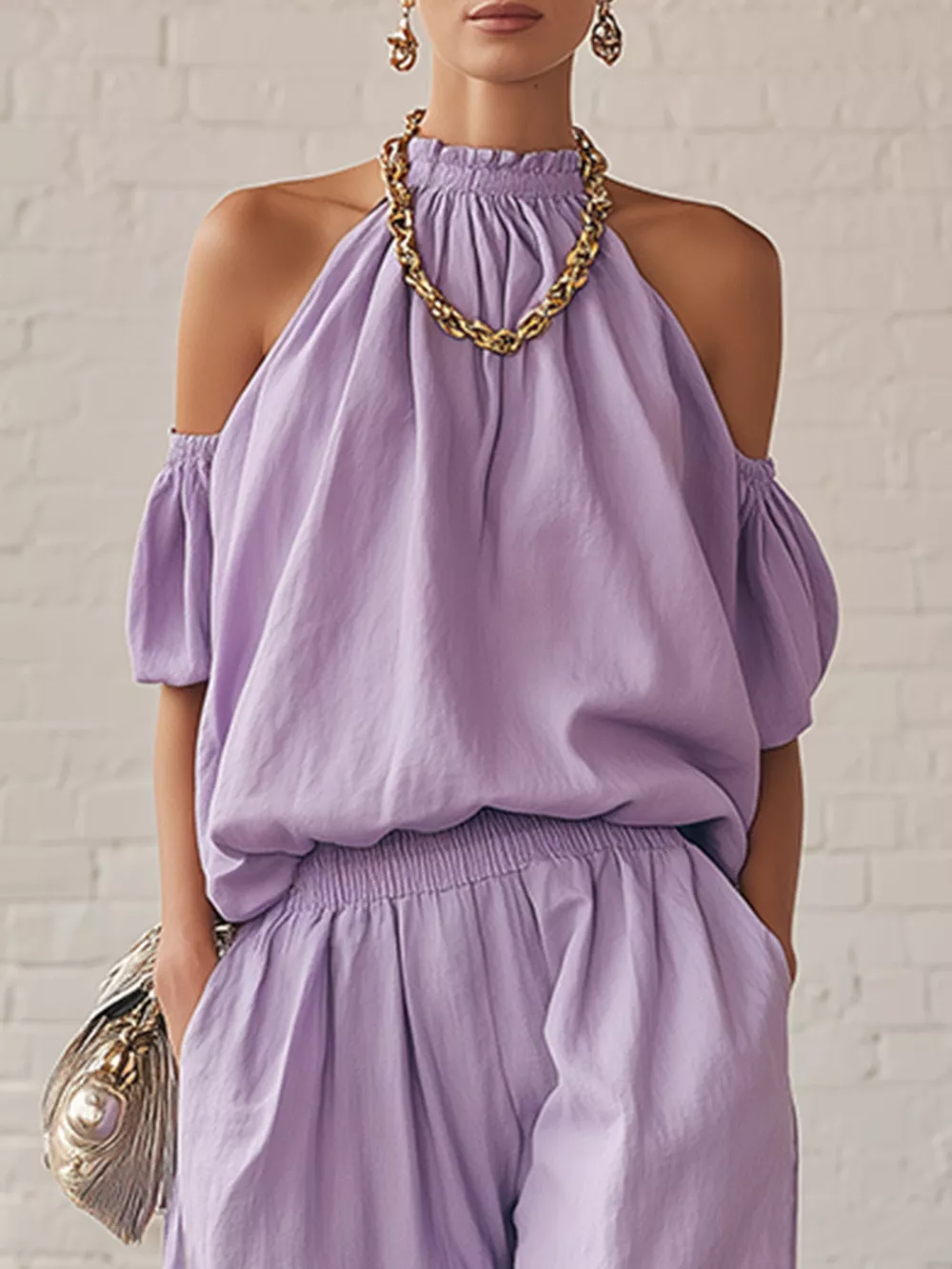 Full Size Cold-Shoulder Top and Wide-Leg Pant Set Plus Size, image 3