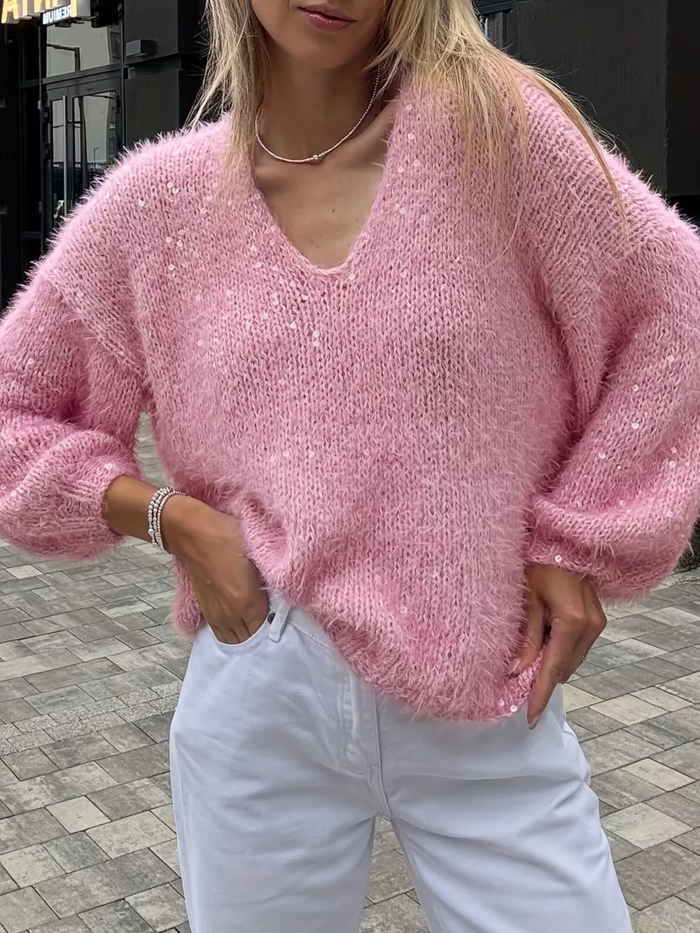Sparkling Fuzzy V-Neck Knit Top