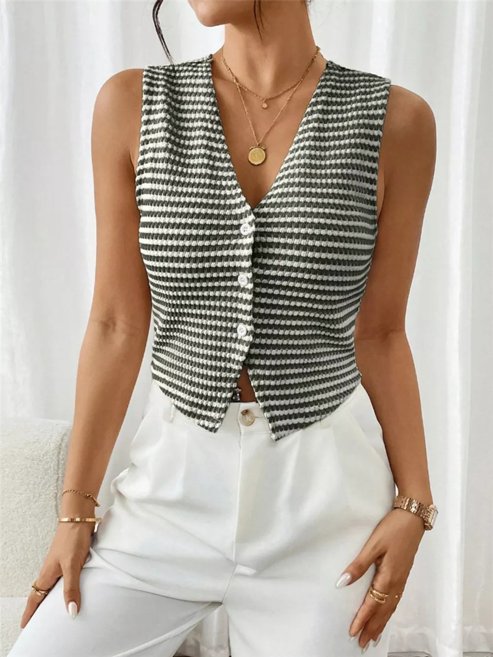 Striped Knit V-Neck Vest, image 17
