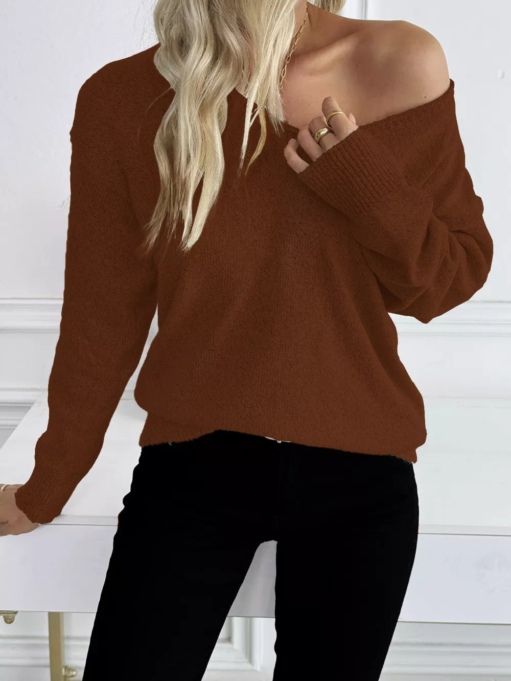 Casual V-Neck Drop Shoulder Sweater, image 21