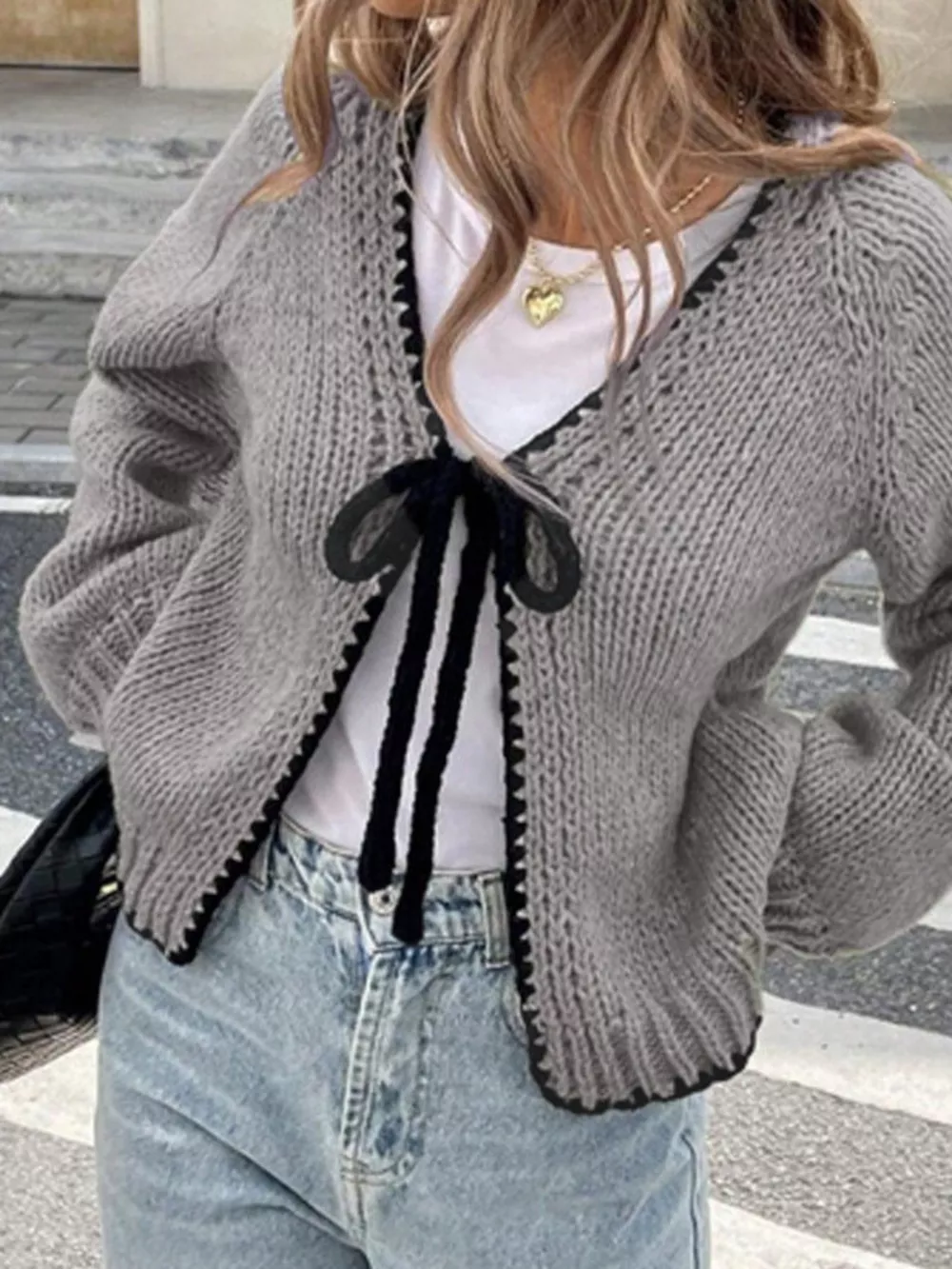 Full Size Chic Tie-Front Contrast-Trim Cardigan Plus Size, image 3