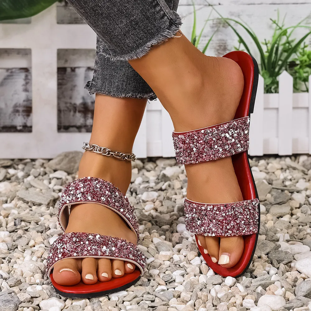 Sequin Open Toe Flats Sandals, image 2