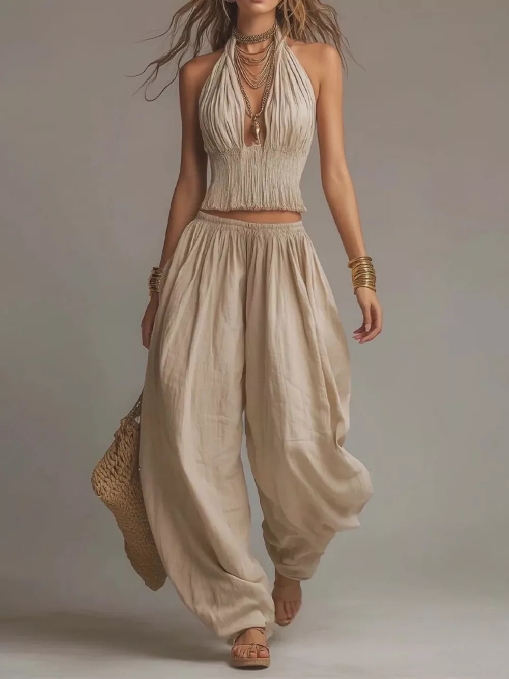 Full Size Halter Neck Top and Wide-Leg Harem Pants Two-Piece Set Plus Size