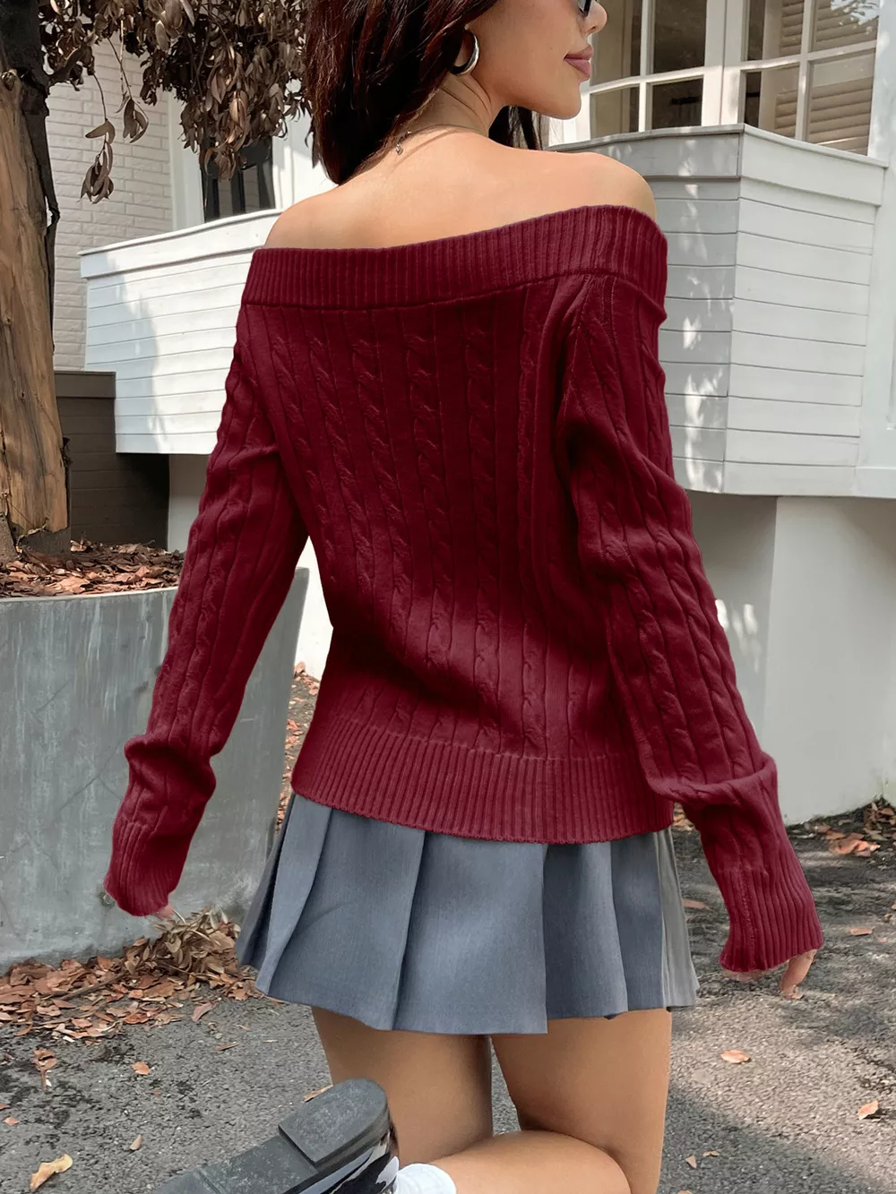 Off-Shoulder Cable Knit Sweater, image 9