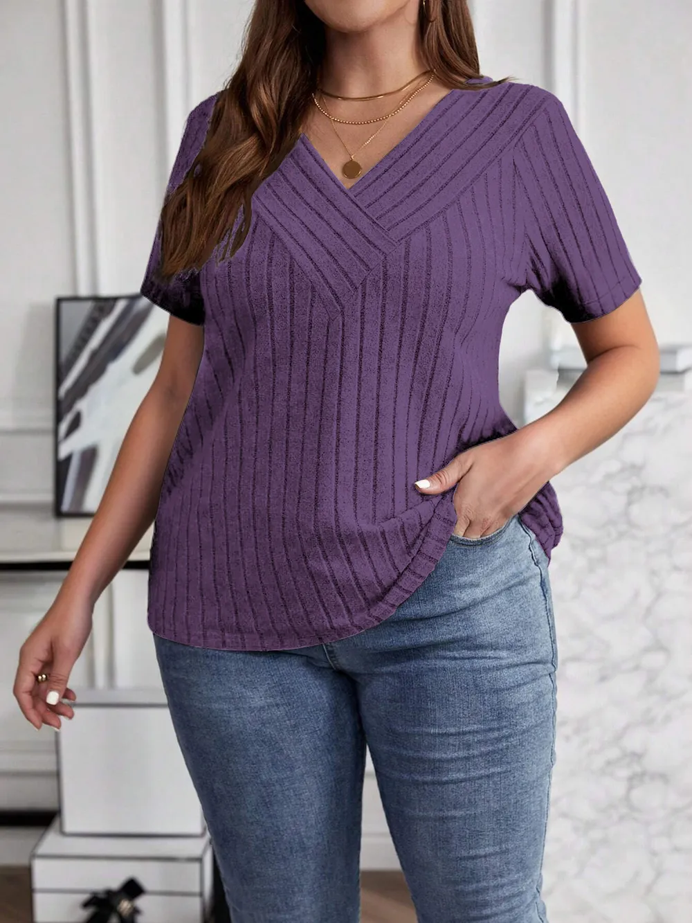 Plus Size V-Neck Short Sleeve Ribbed T-Shirt, image 4