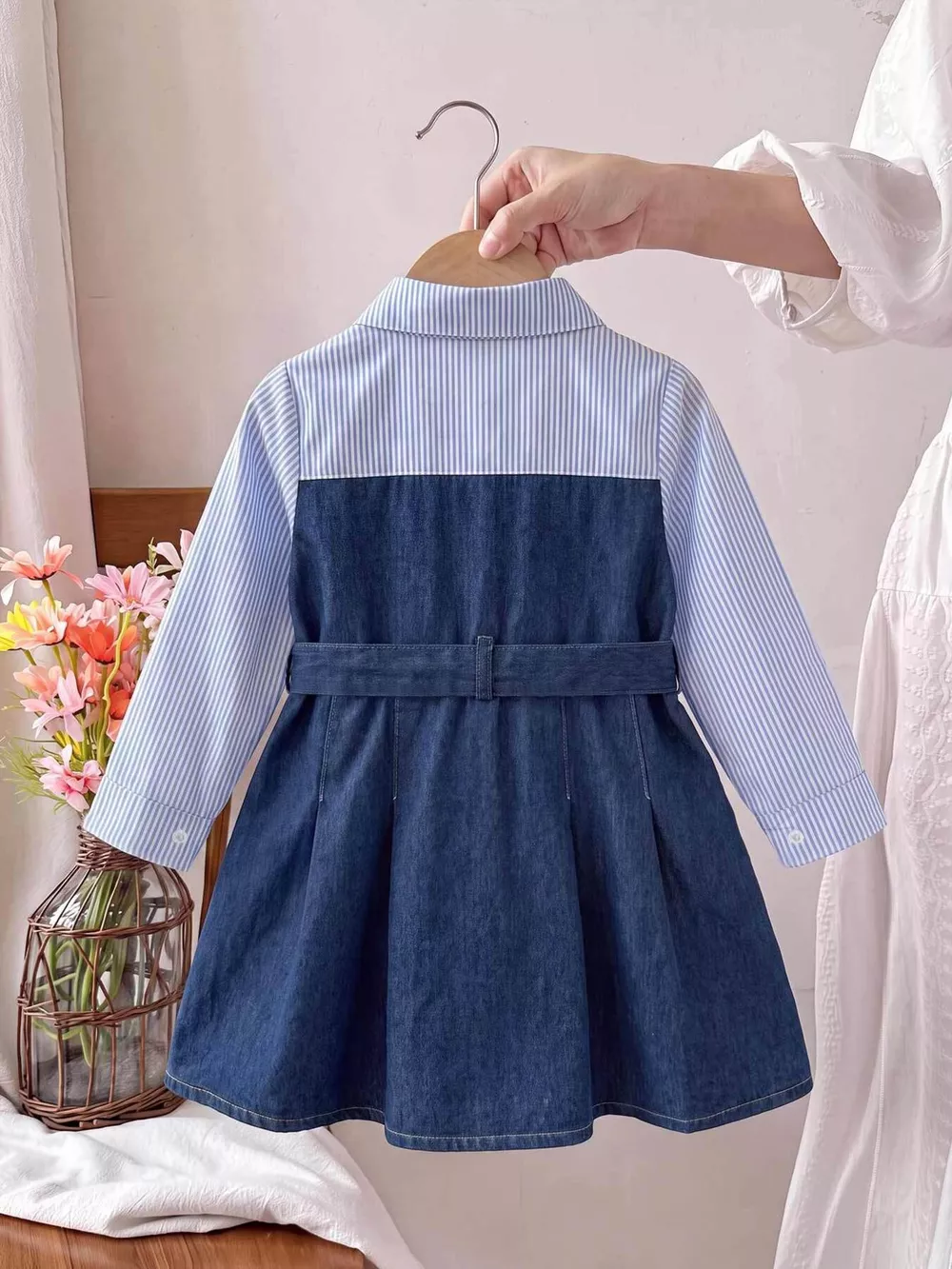 Children's Contrast Striped Denim Patchwork Dress with Belt, image 4